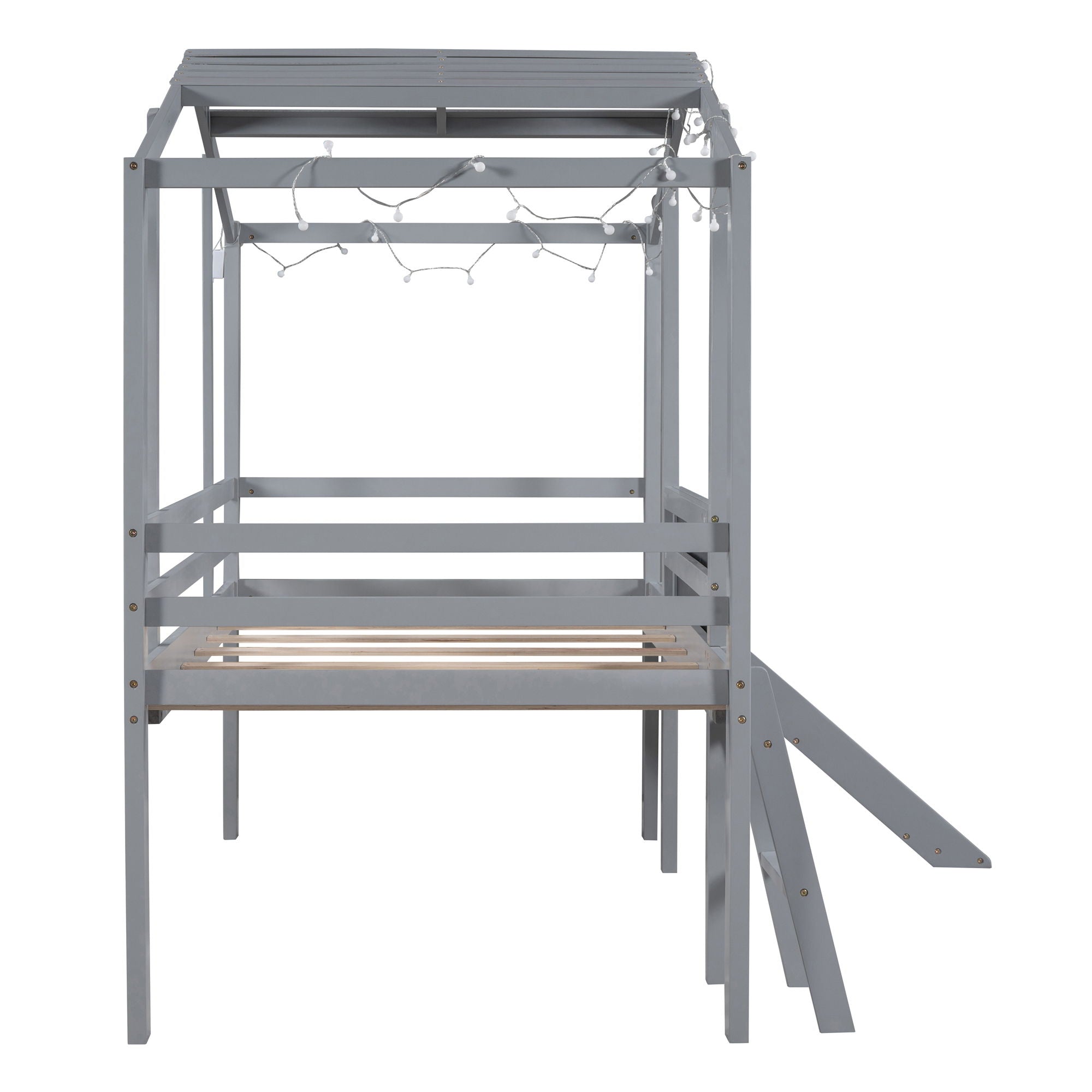 Loft House Bed With Ladder And Slide, With Blackboard And Light Strip On The Roof