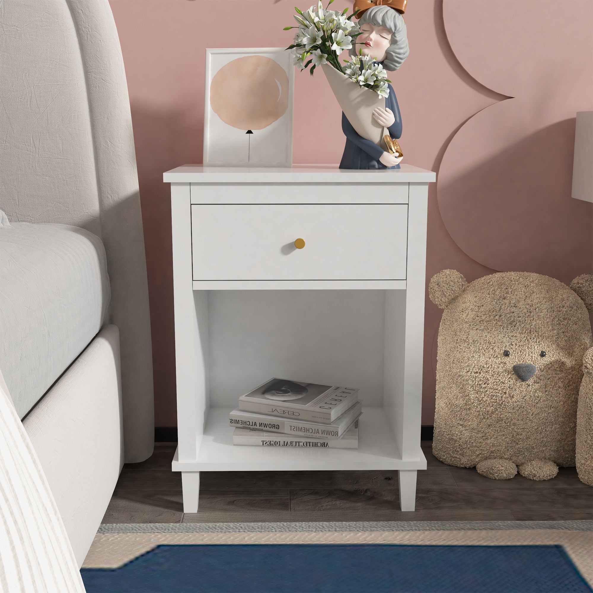 Nightstand & 1 Drawer And 1 Shelf - White