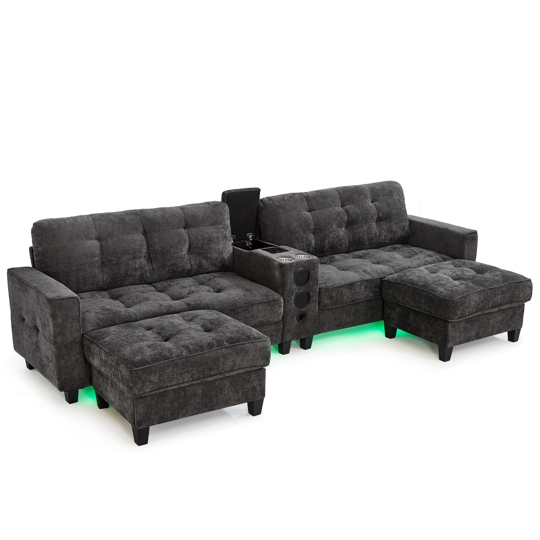 Modern Sectional Sofa U-Shaped With Movable Ottomans, Bluetooth Speakers, LED Lights And Modular Storage
