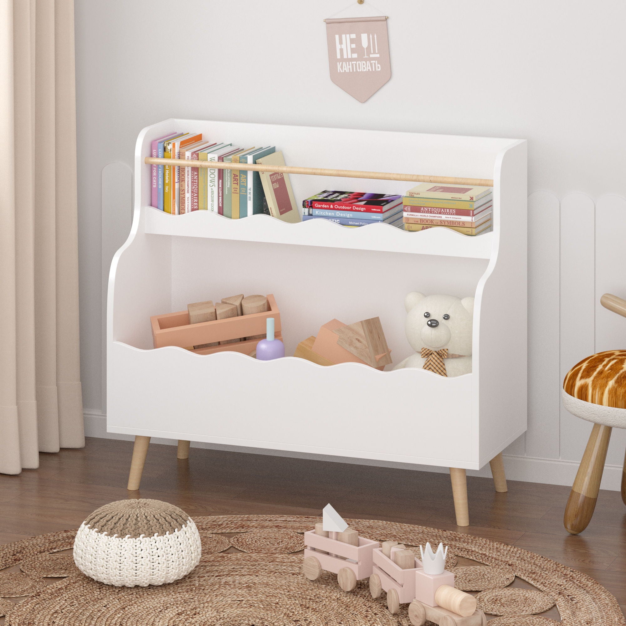 Kids Bookcase, Children Book Organizer Toy Storage Cabinet - White
