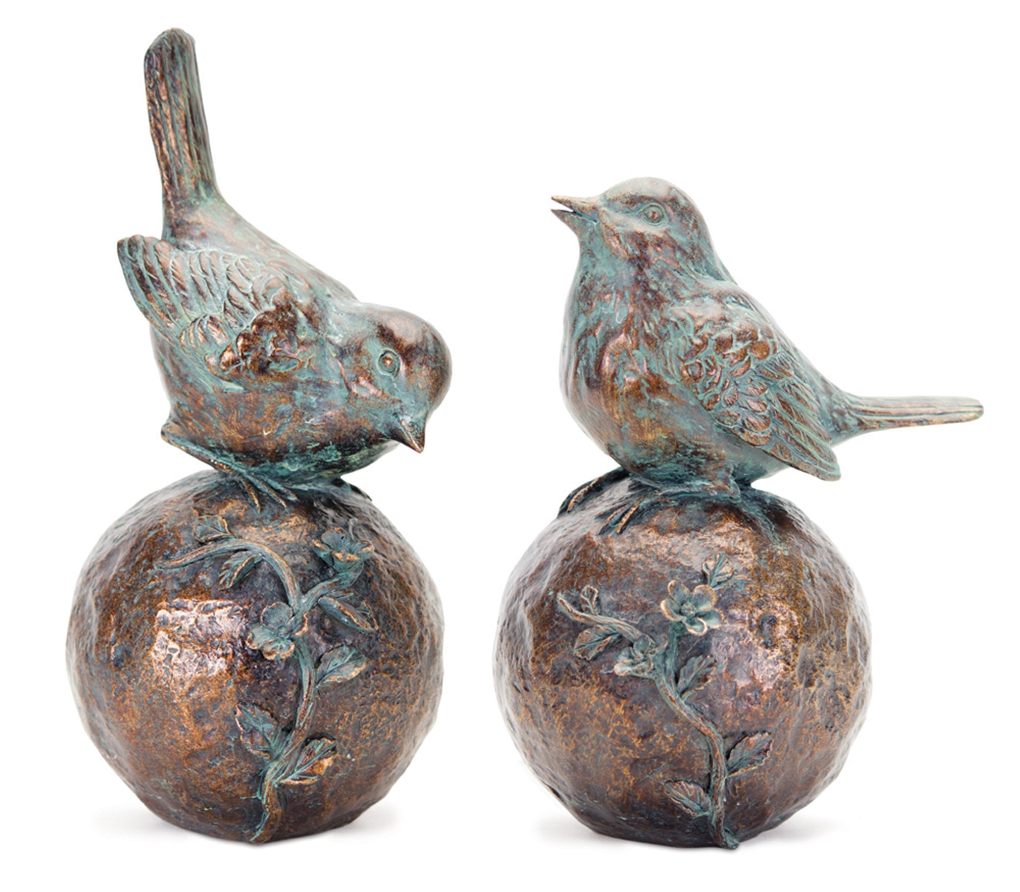 Perched-Bird-on-Orb-with-Bronze-Finish-(Set-of-2)-Garden-Decor
