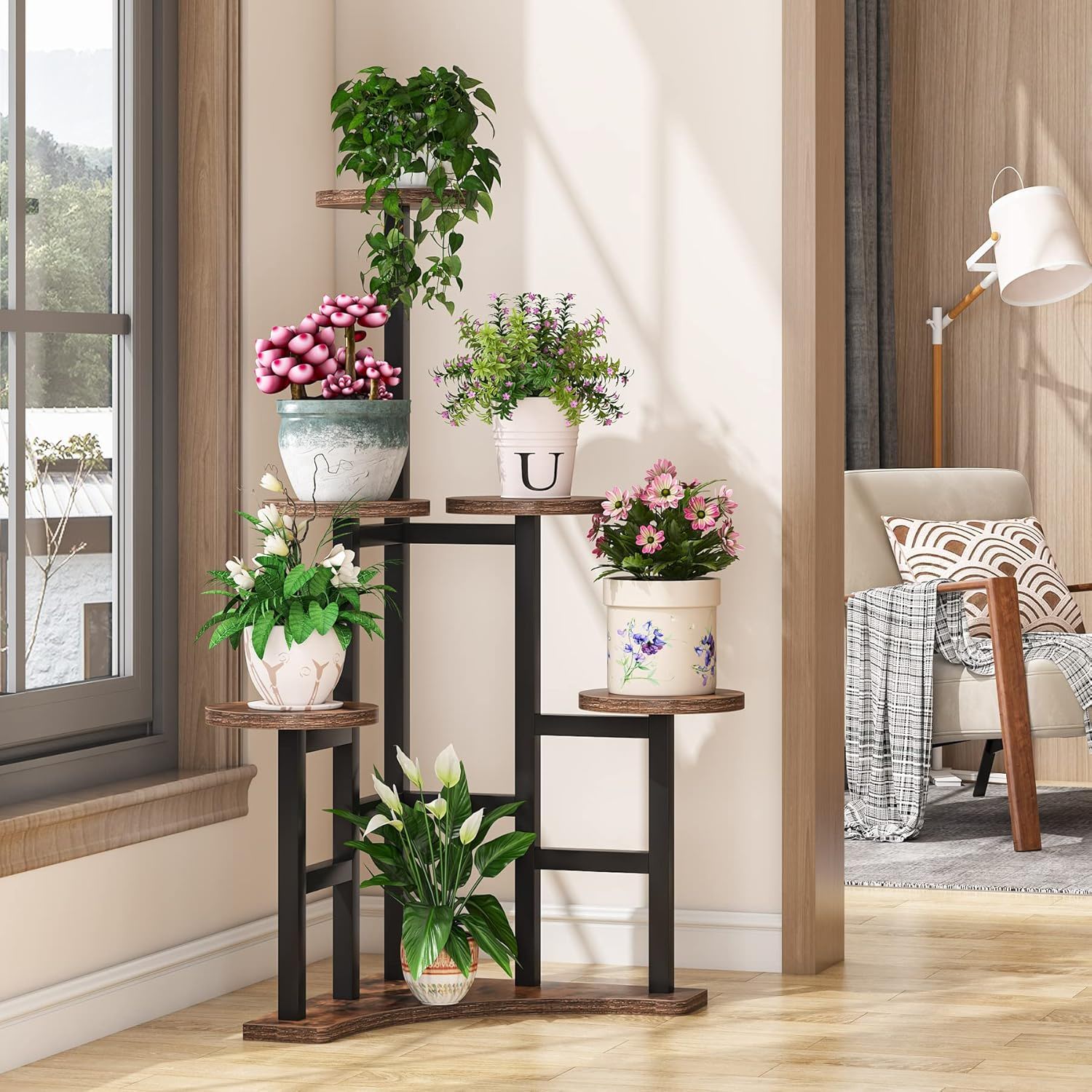 6 Tier Corner Plant Shelf With Frame For Living Room - Rustic Brown