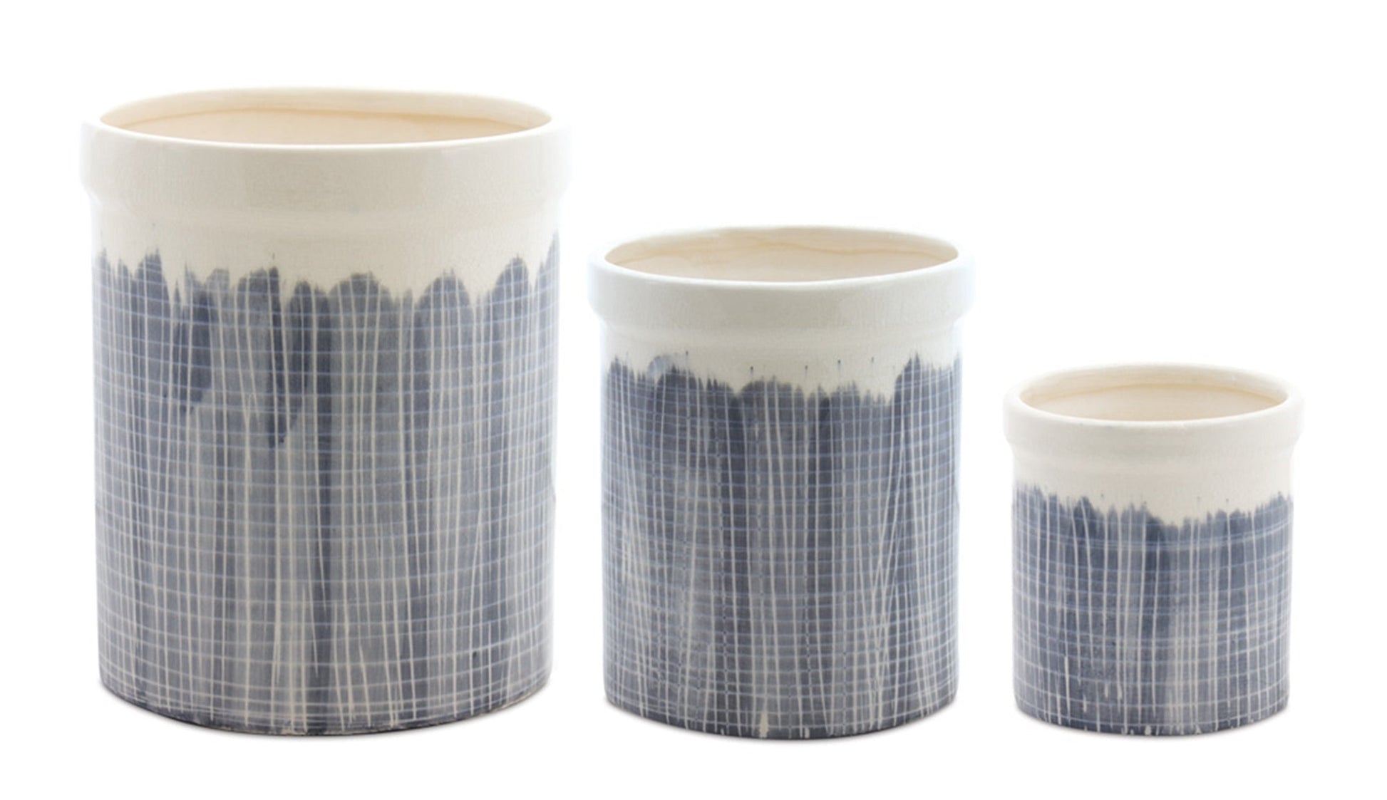 Terra-Cotta-Crock-with-Navy-Criss-Cross-Pattern-(Set-of-3)-Decorative-Objects