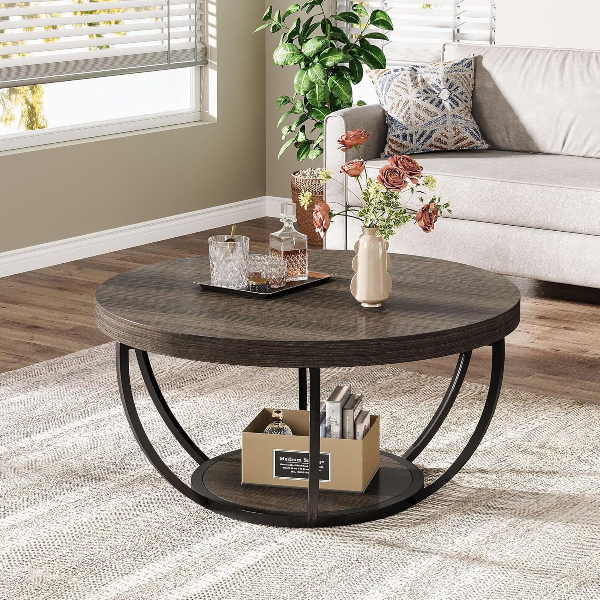 2 Tier Circle Coffee Table With Storage Shelves