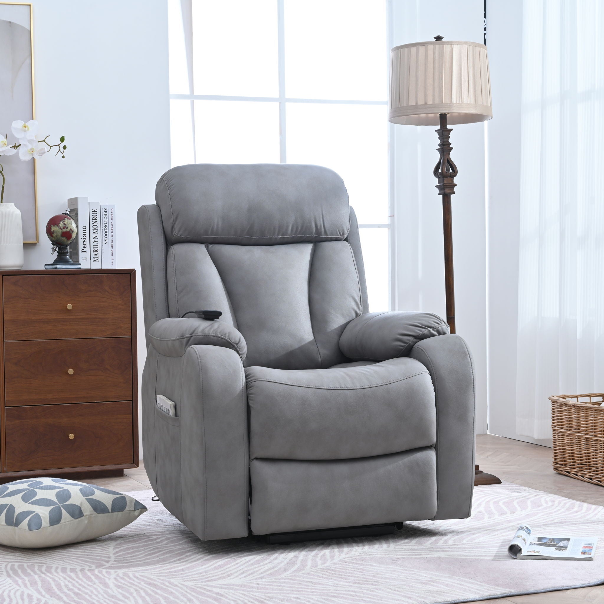 Electric Power Lift Recliner Chair, Fabric Recliner Chair, Home Theater Seating, Living Room Chair, Side Pocket, Remote Control - Light Gray