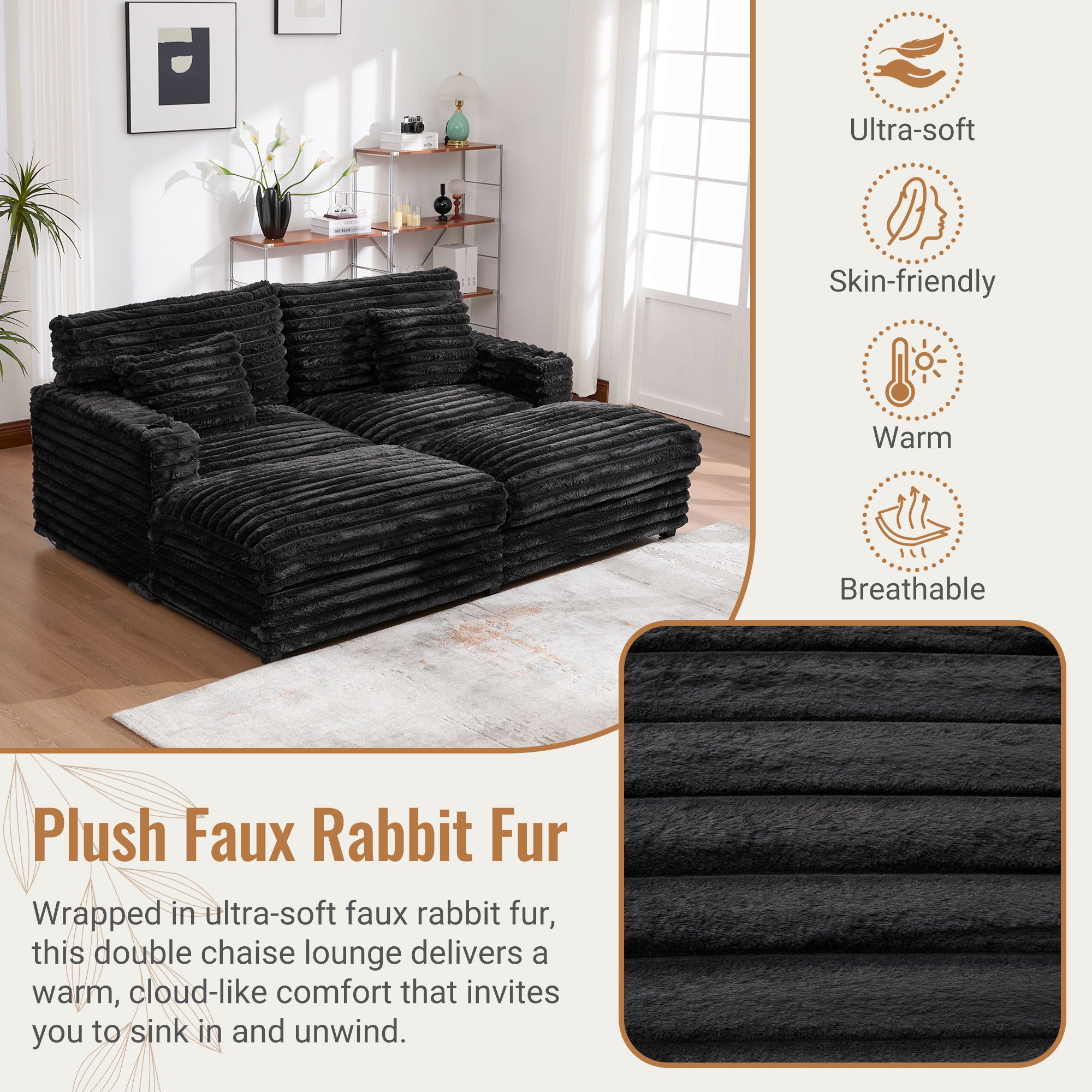 Plush Oversized Double Chaise Lounge Sofa Bed With USB Ports And Cup Holders