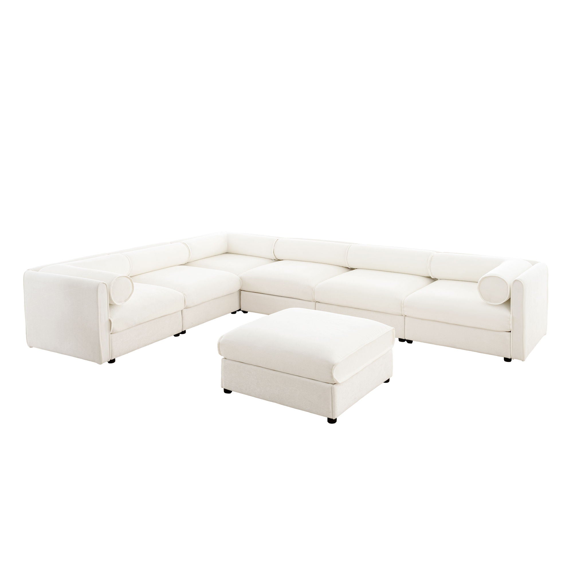 Contemporary Elegant White Chenille Sofa With Storage And Ottoman