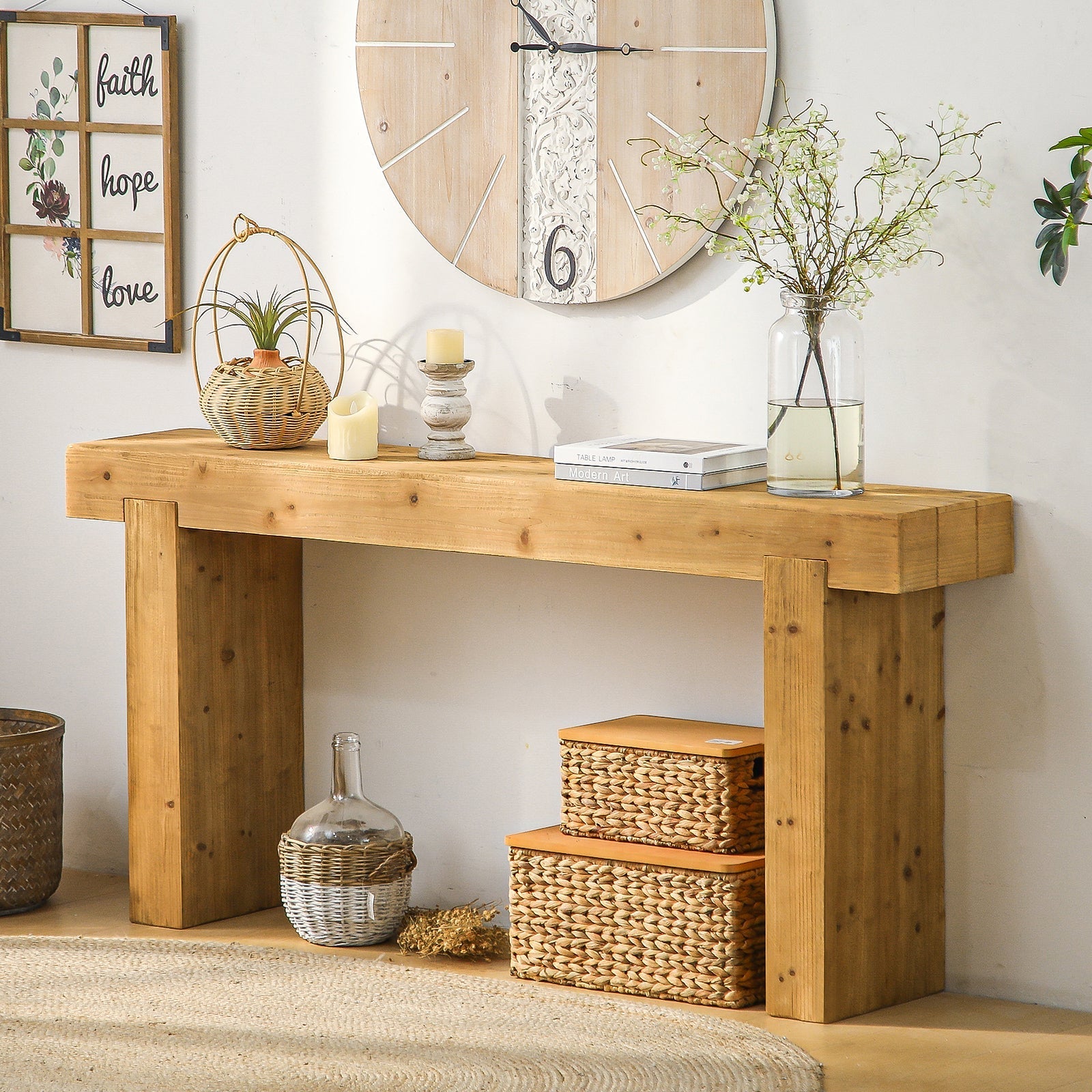 63" Solid Wood Console Table – Rustic Farmhouse Sofa Table