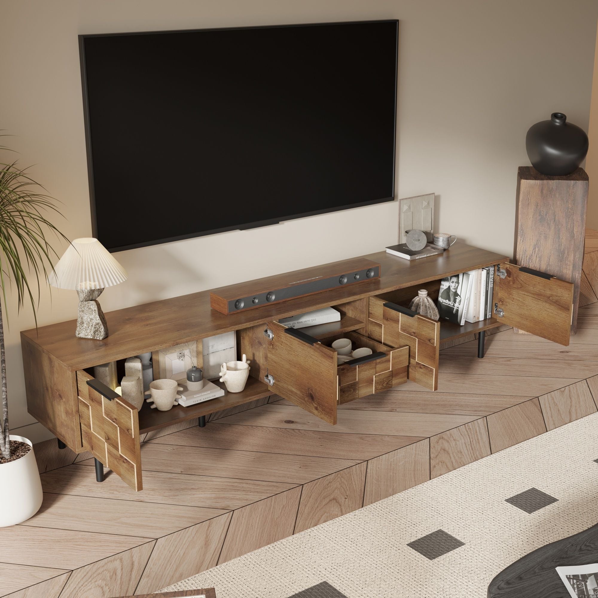TV Stand, L Shaped Handle Entertainment Console With Storage - Natural