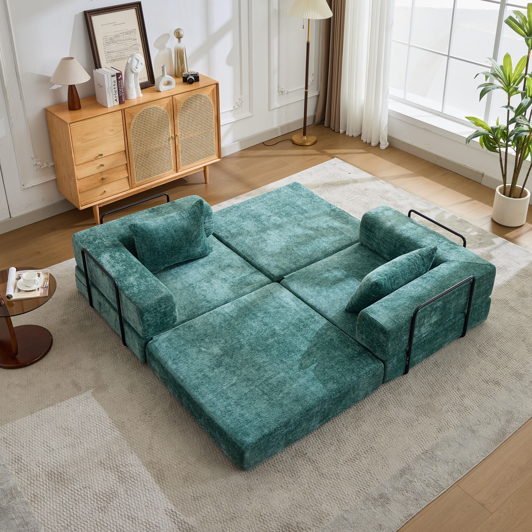 Convertible Floor Sofa Bed With Fixed Shape Frame, Loveseats Boneless Modular Sectional, For Living Room - Dark Green
