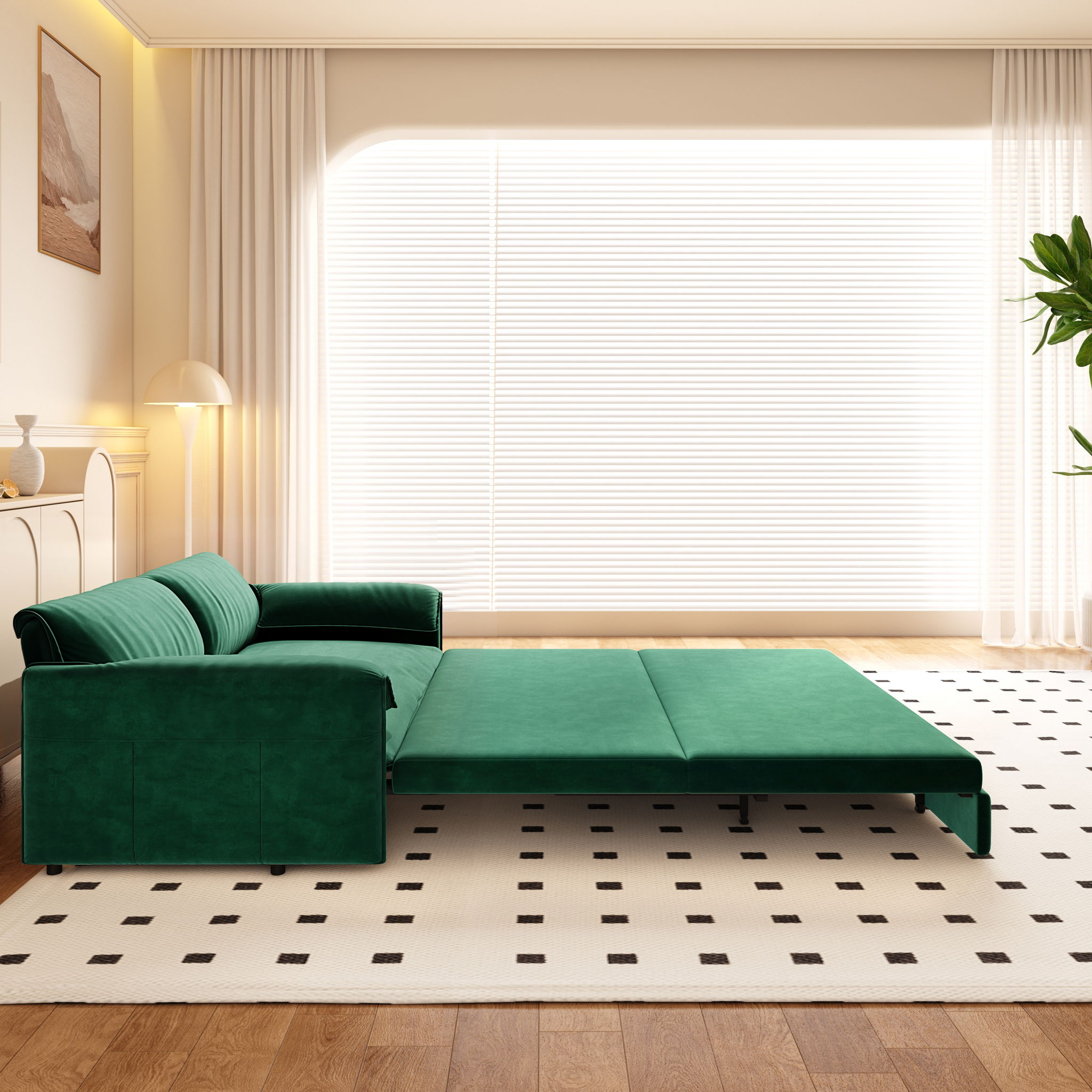 Queen Pull Out Sofa Bed, 3 In 1 Convertible Sleeper Sofa With Side Storage For Living Room - Green