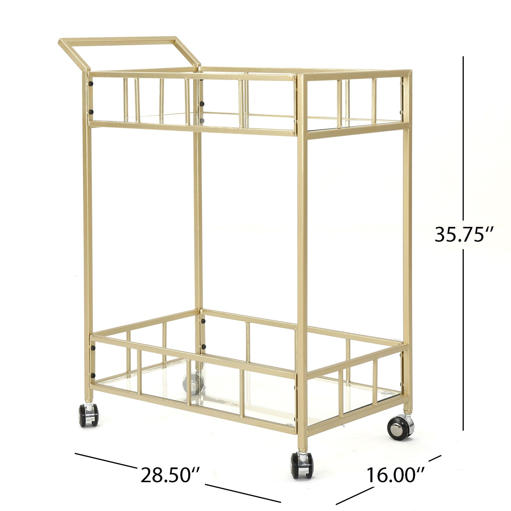 Modern Metal and Glass Bar Cart with Rolling Casters - Gold