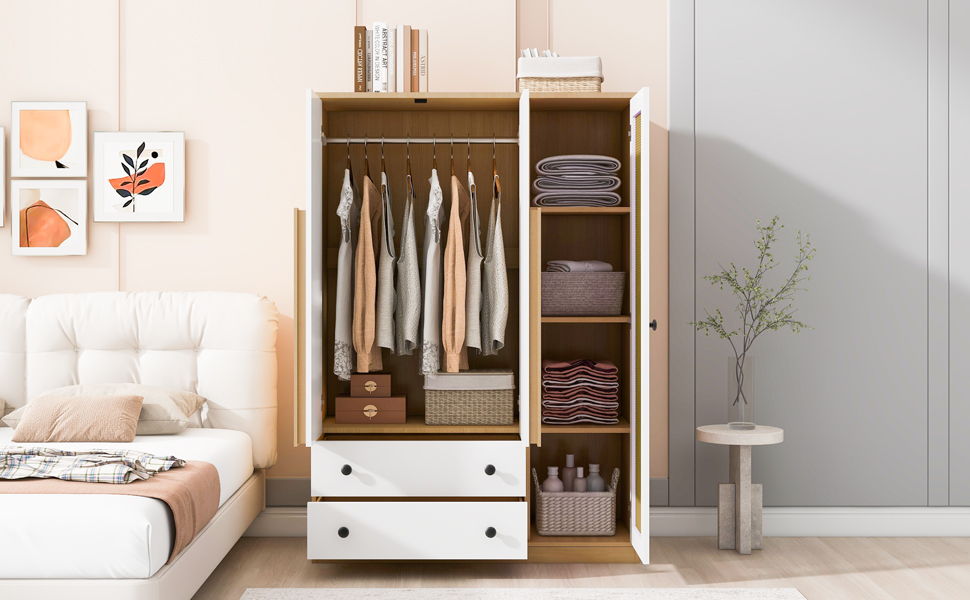 3 Doors Rattan Wardrobe Storage For Bedroom, With 2 Drawers