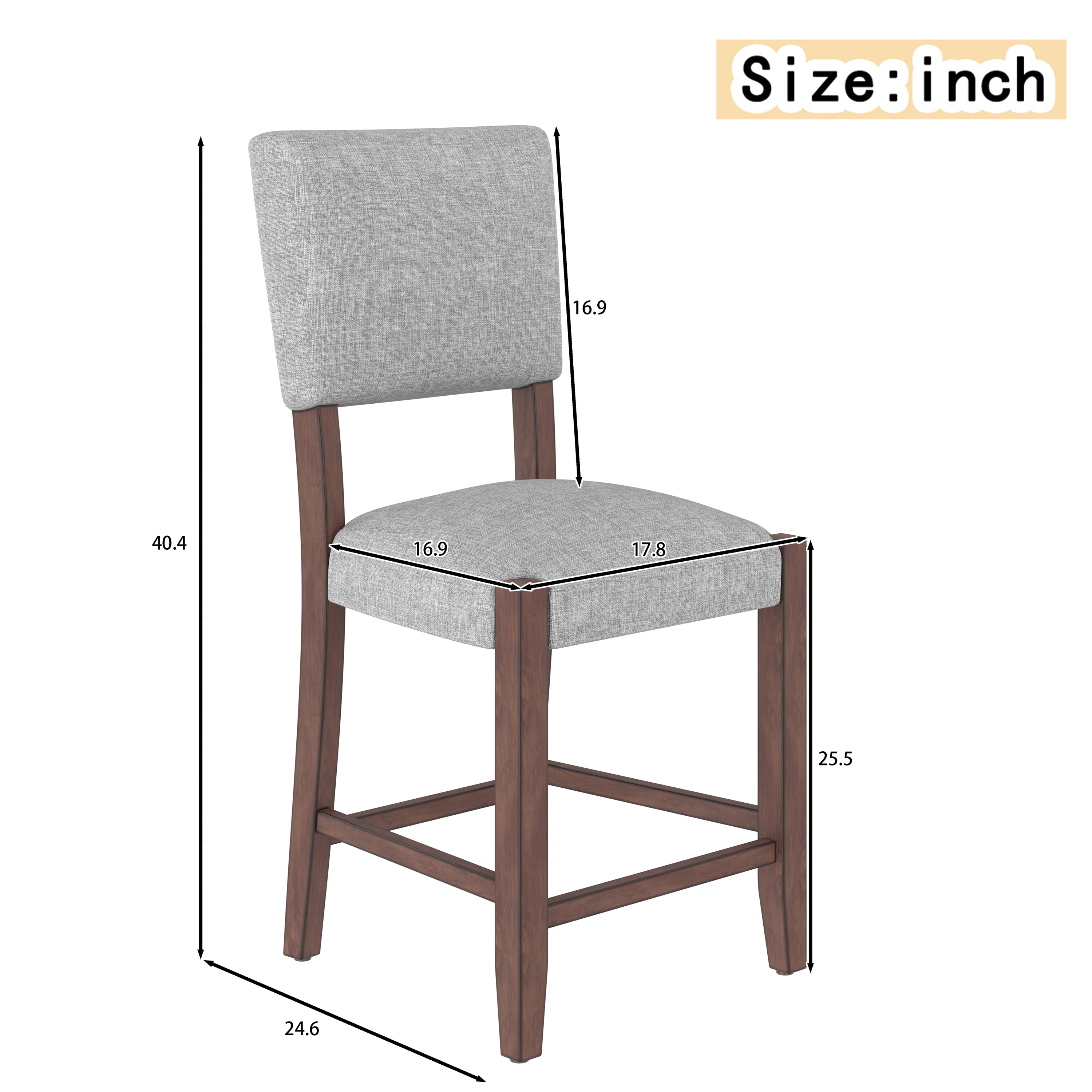 Set of 4 Mid-Century Modern Bar Stools, 40 in Linen Upholstered Counter Chairs with Rubber Wood Legs, Gray