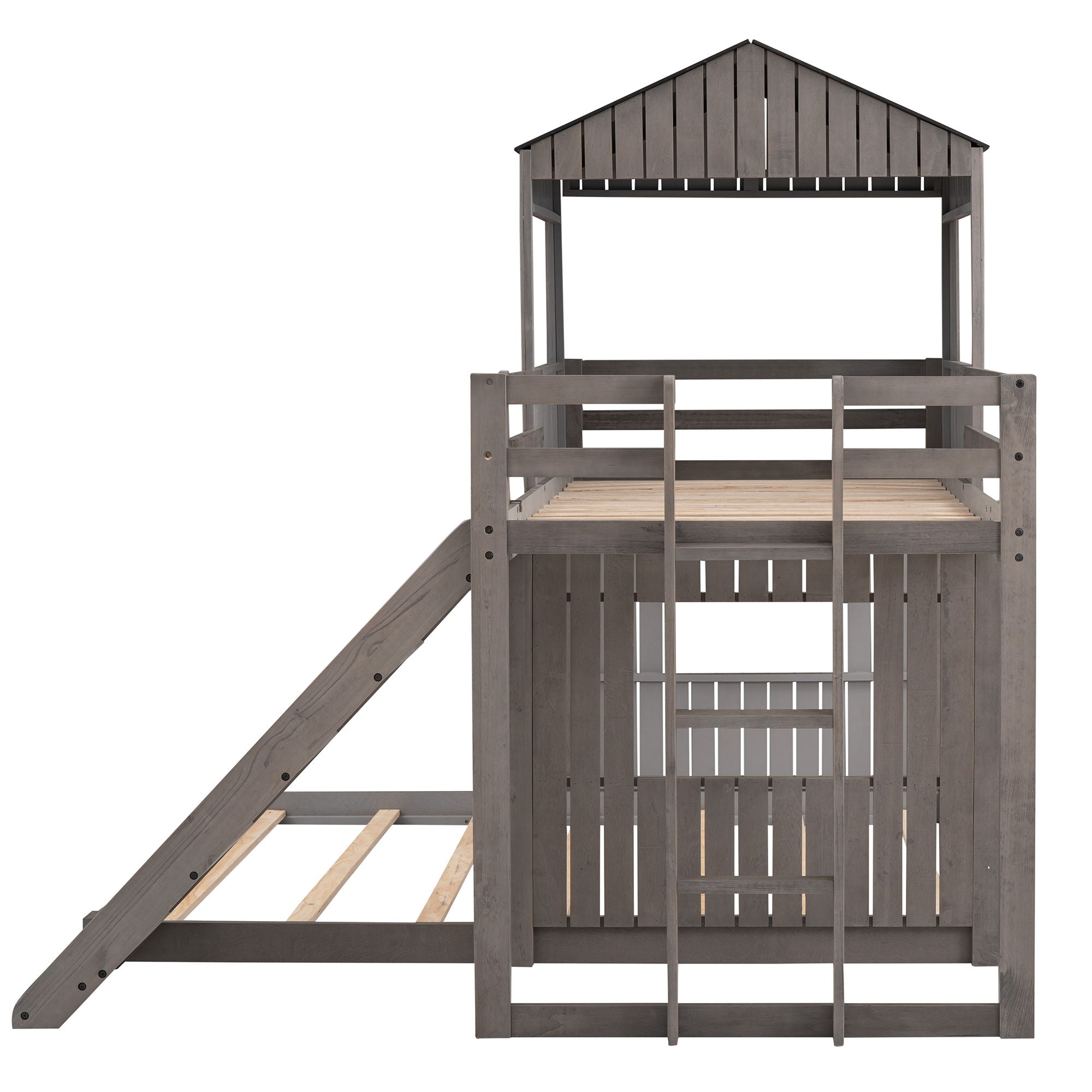 Loft Bunk Bed With Playhouse, Farmhouse, Ladder, Slide And Guardrails