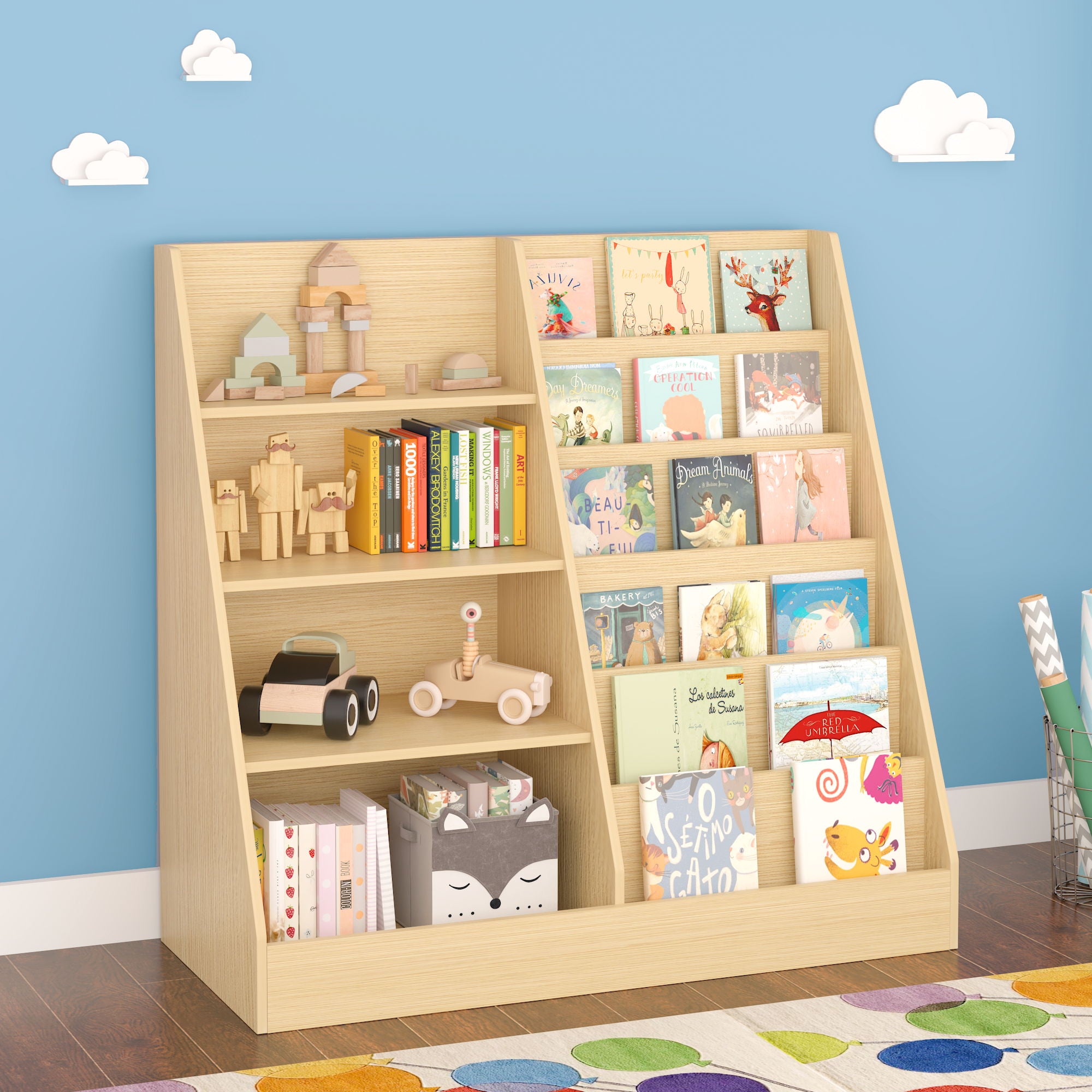 Bookshelf And Toy Storage Organizer, 4 Tier Bookcase With Display Stand For Playroom
