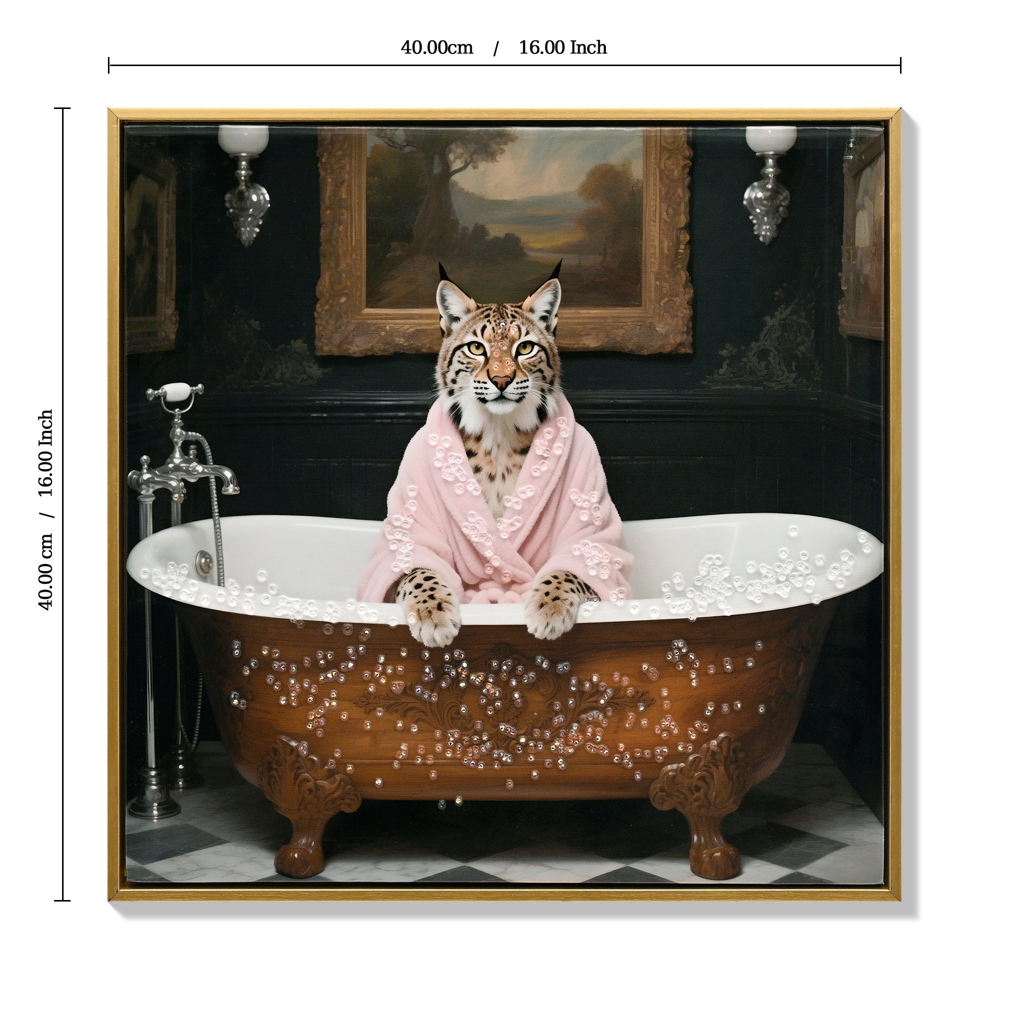 Tiger in Bathtub Wall Art Print Poster, Bathroom Decor Posters Prints for Restroom Home Picture Painting Artwork Gallery 1 (Tiger, 16 x 16 inches, Wood Frame)