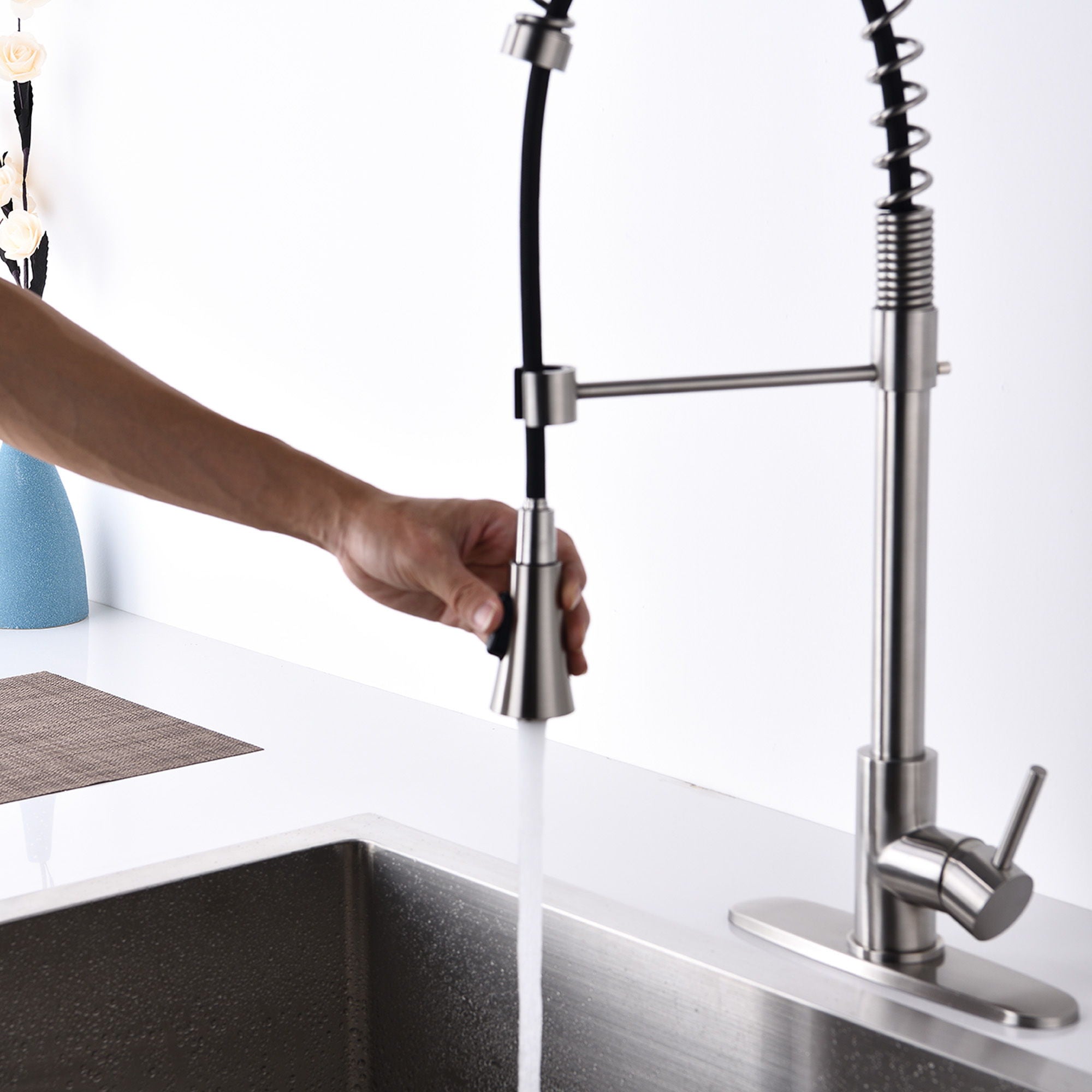 Modern Single Handle Spring High Arc Kitchen Faucet With Water Filter System, Stainless Steel - Brushed Nickel