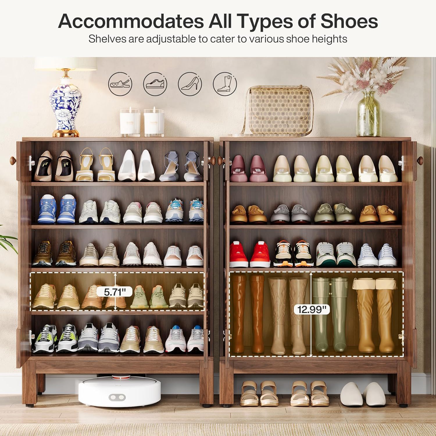 5 Tier Shoe Cabinet With Round Louvered Doors, Storage Organizer - Brown