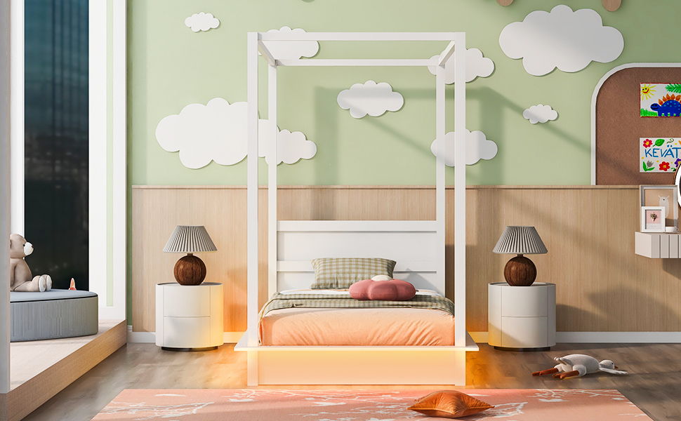 LED Canopy Bed, Canopy Platform Bed With Support Slats, No Box Spring Needed