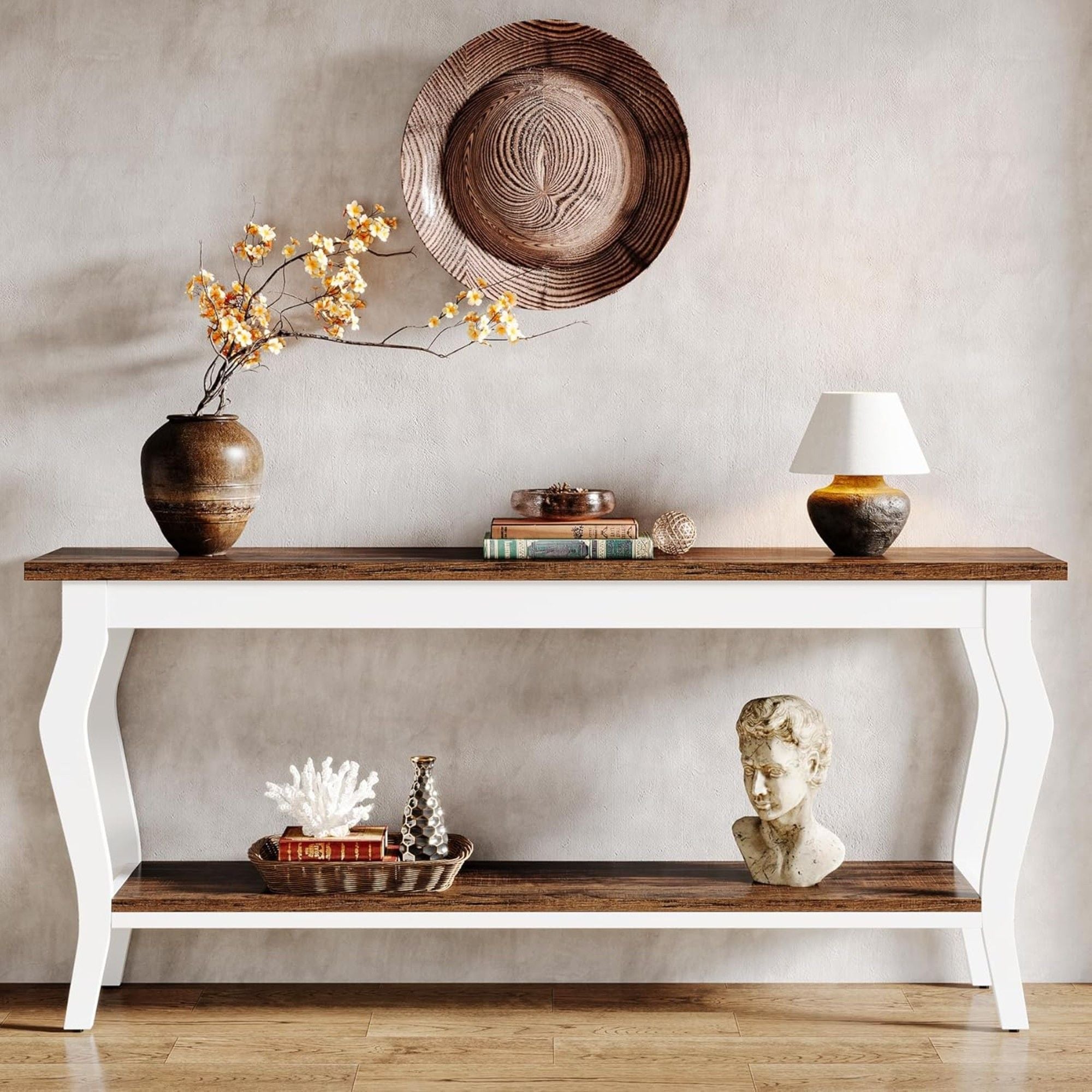 Console Table With Design, Extra Long Sofa Table For Living Entryway - Brown / White
