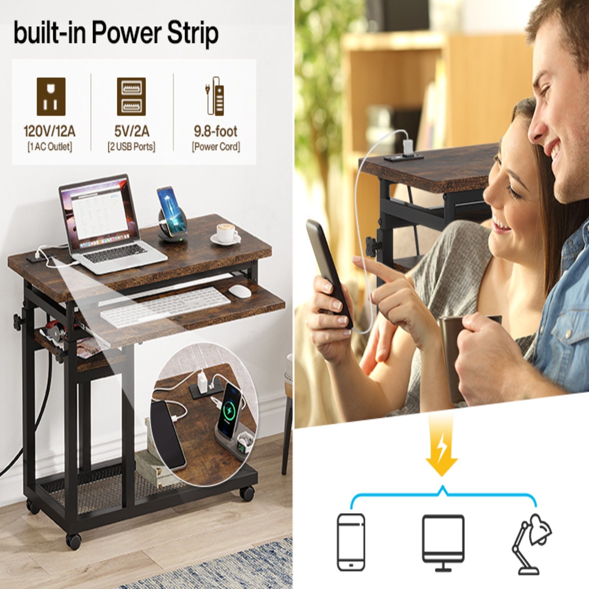 Adjustable Portable C-Shaped Desk With Power Outlet & USB Ports