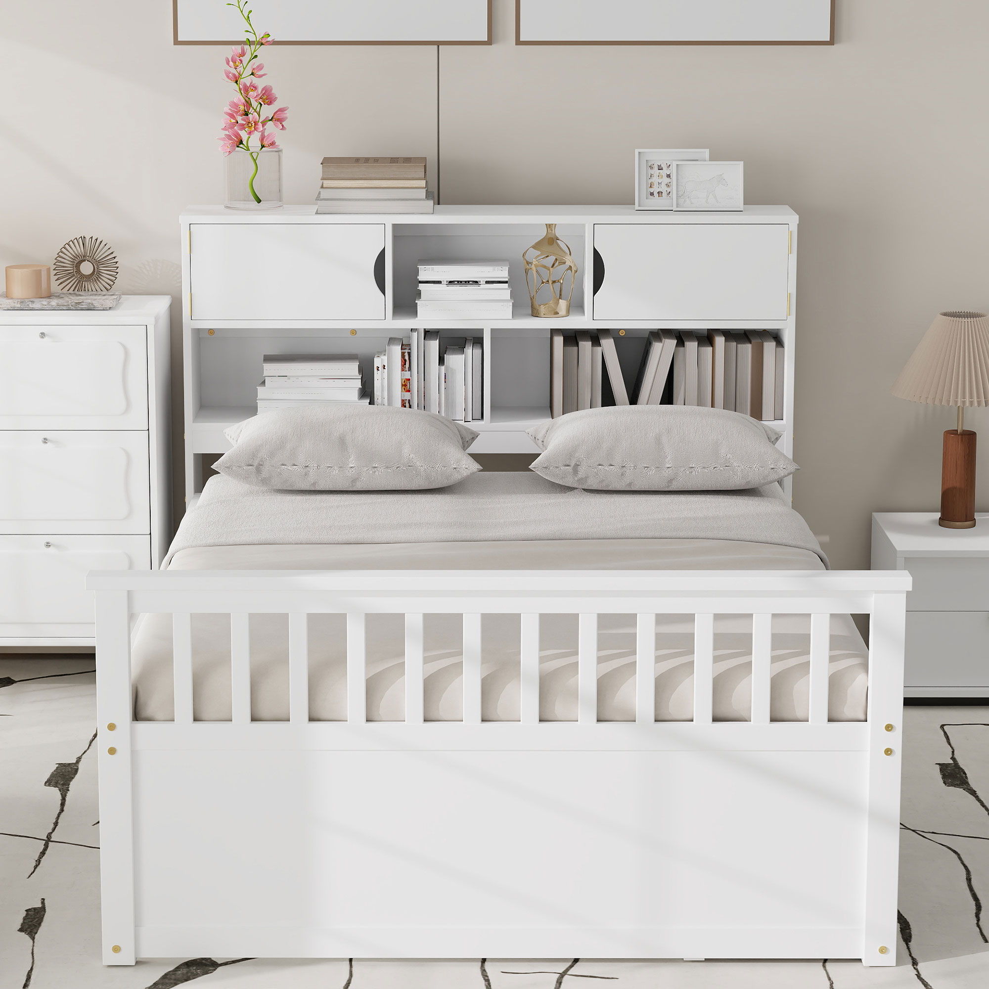 Captain Platform Bed Frame With Bookcase Headboard, 4 Drawers, Storage Shelves