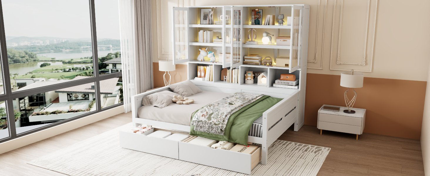 Daybed With Glass Door Storage Cabinets, Built In LED Lighting And Shelves