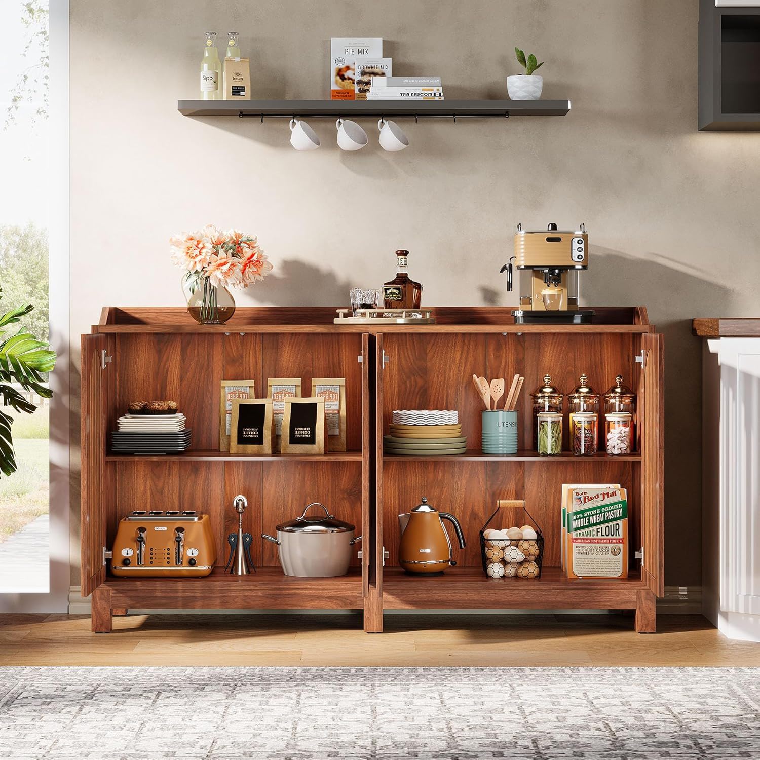 Sideboard Buffet Cabinet With 4 Doors & Shelves, Credenza Table For Dining Room - Brown