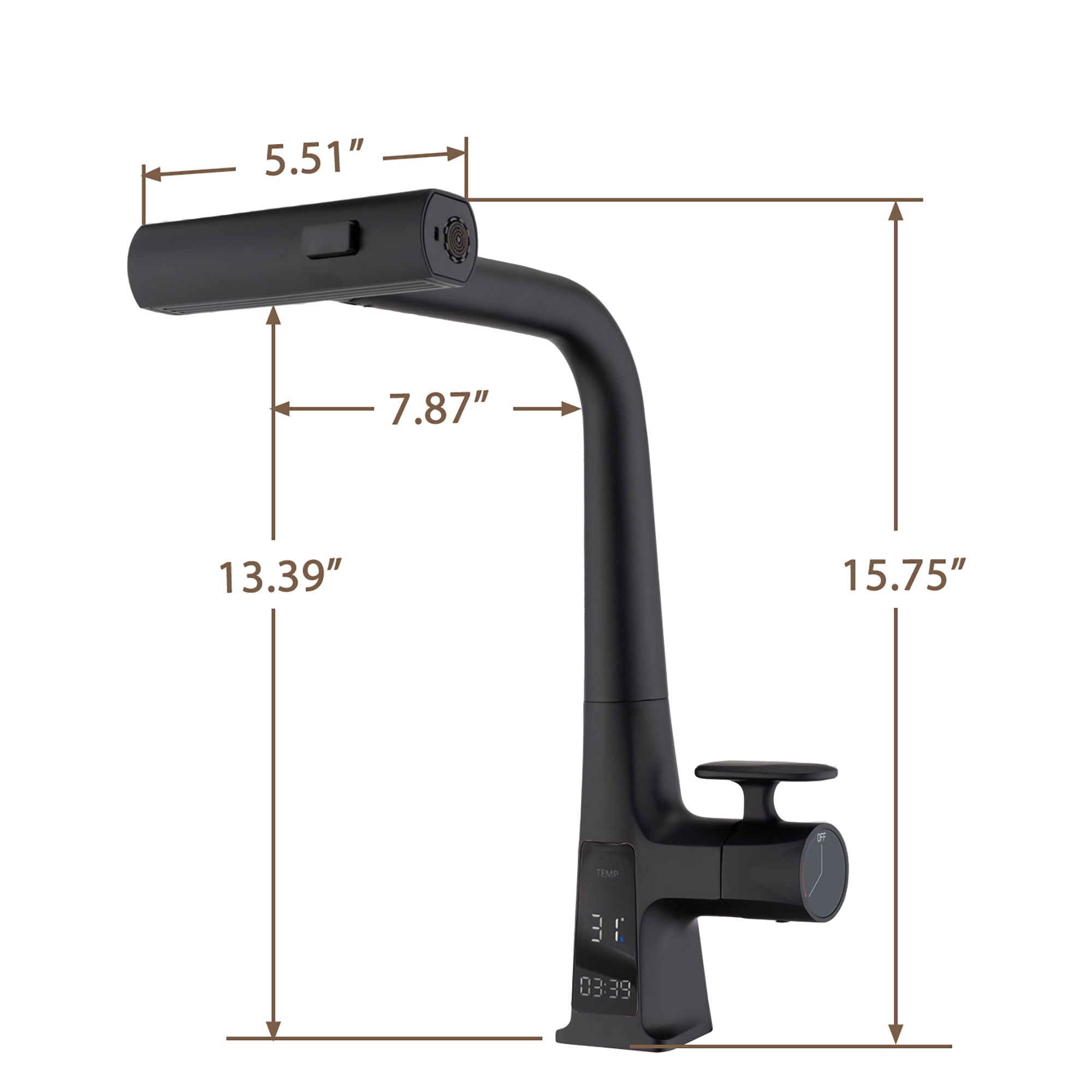 Modern Waterfall Kitchen Faucet With Temperature Display And Pull Down Sprayer, Zinc Construction - Matte Black