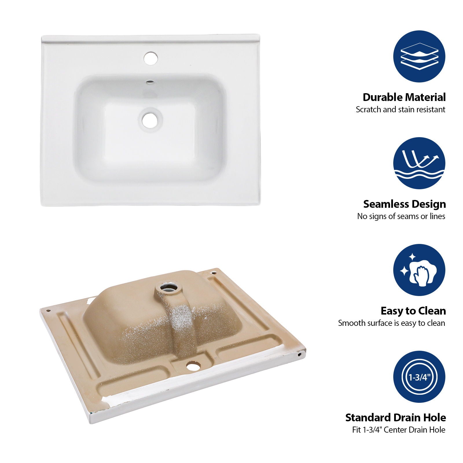 Rectangular Single Vanity Top With 1 Faucet Hole And Overflow Ceramic