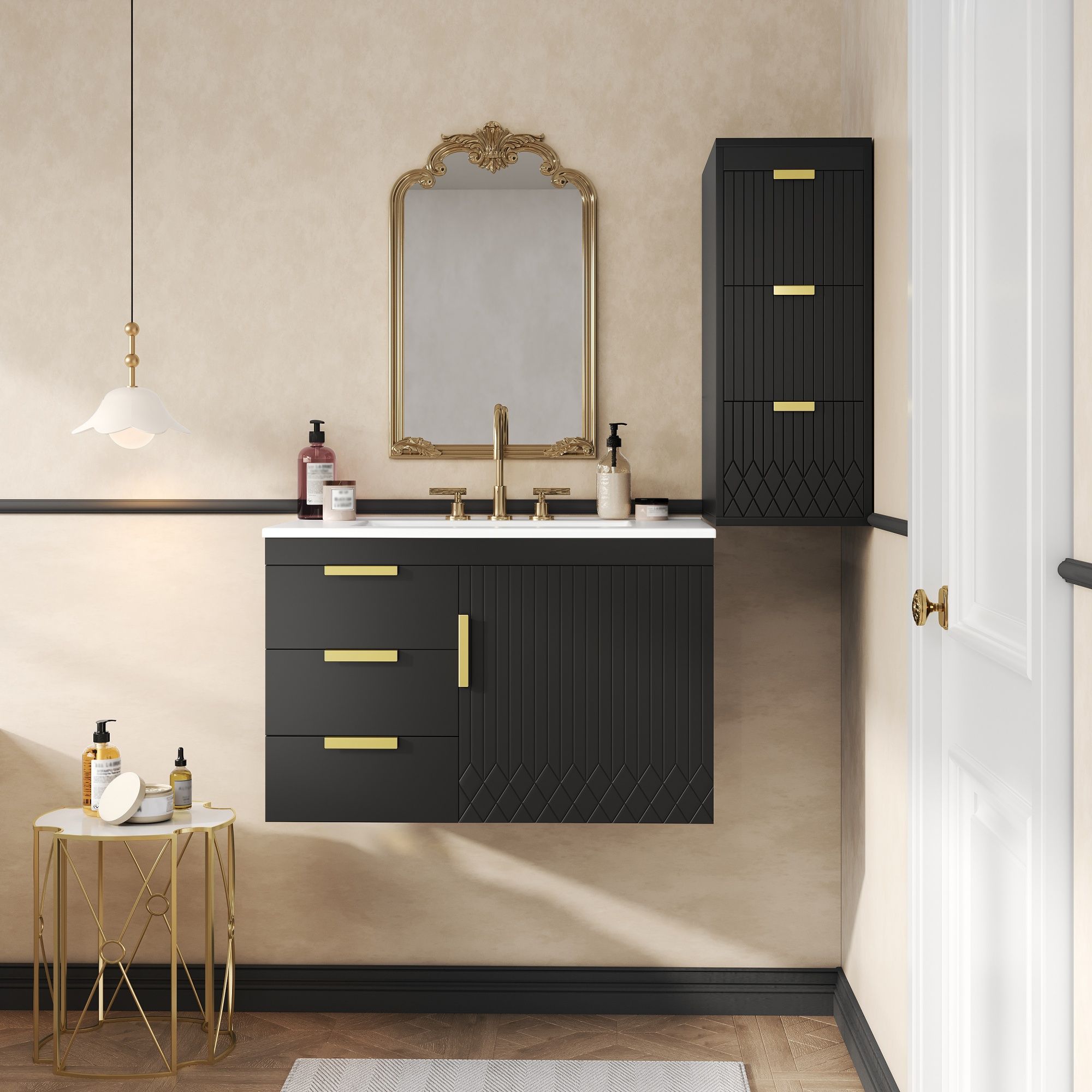 Wall Mounted Bathroom Cabinet With Side Cabinet Combo With Soft-Closing Doors And Drawers, Ceramic Sink