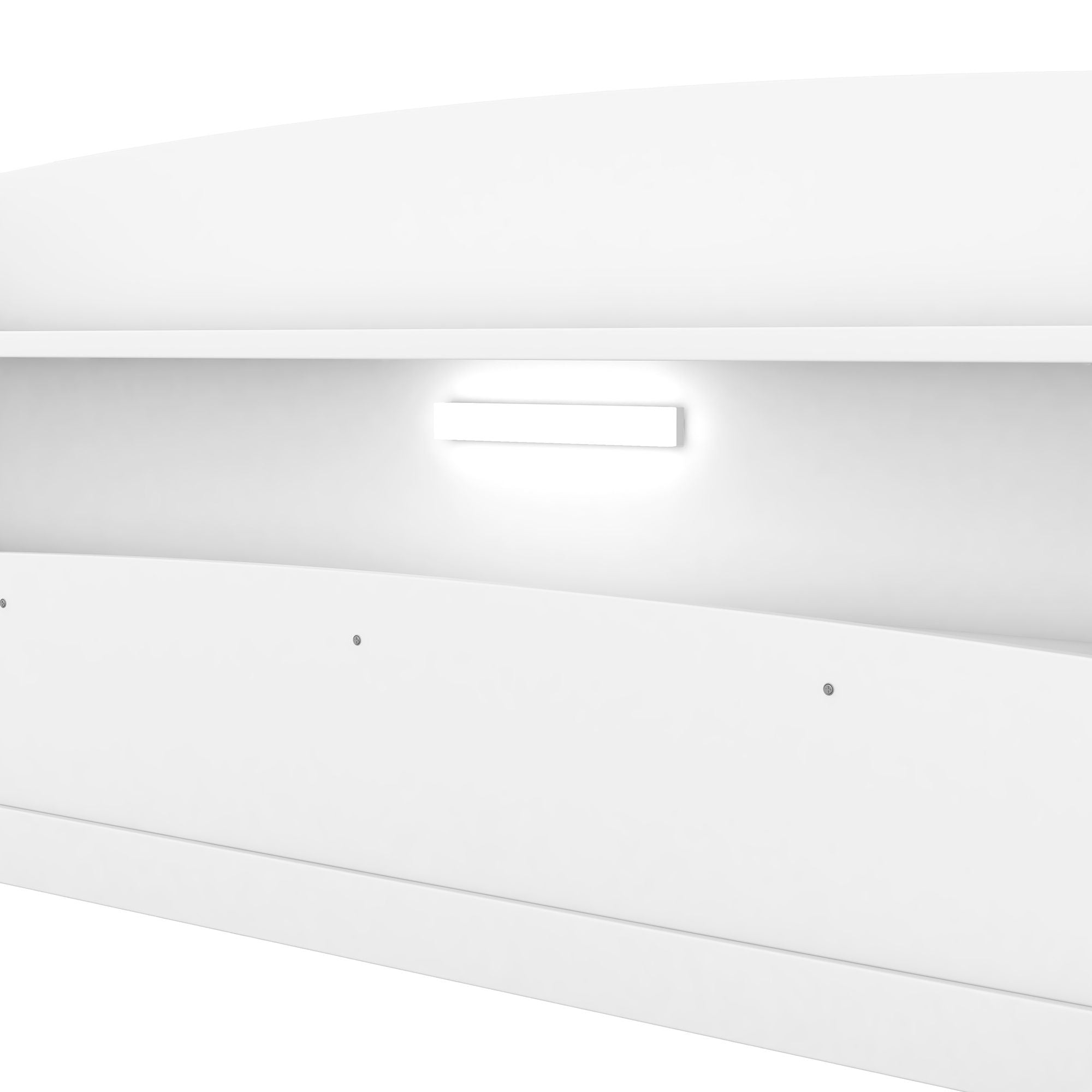 Wood Platform Bed With Built In LED Light, Storage Headboard And Guardrail