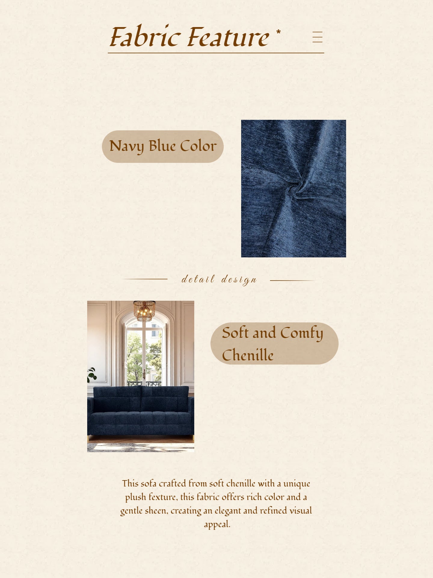 Retro Blue Chenille Upholstered 3-Seater Couch with Stainless-Steel Legs