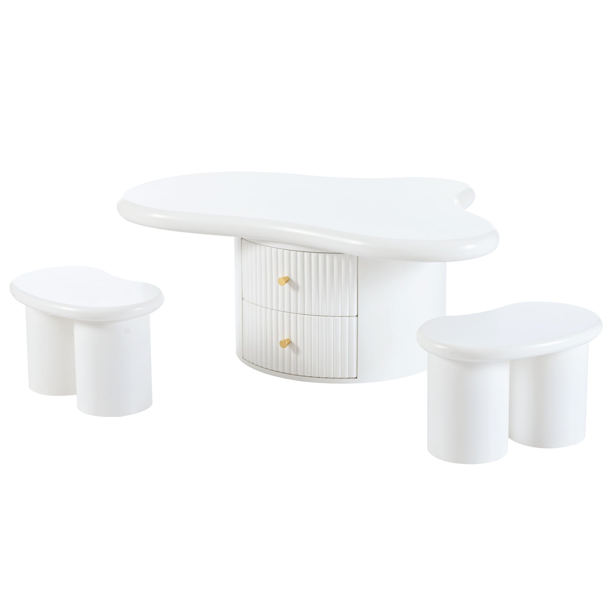Cloud - Coffee Table (Set of 3), Irregular Shape Coffee Table With 2 Drawers, 2 Small Stools For Living Room - White
