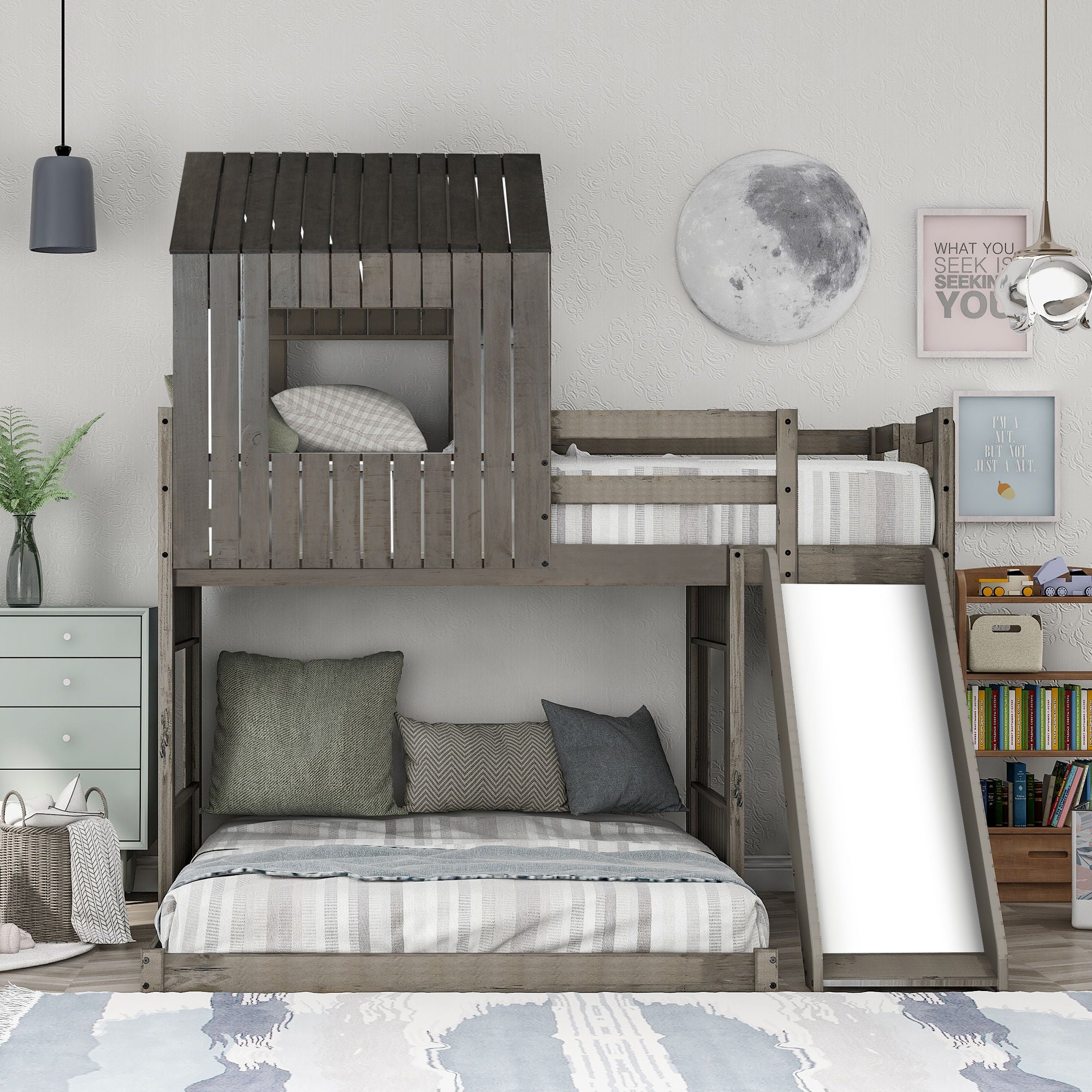 Loft Bunk Bed With Playhouse, Farmhouse, Ladder, Slide And Guardrails
