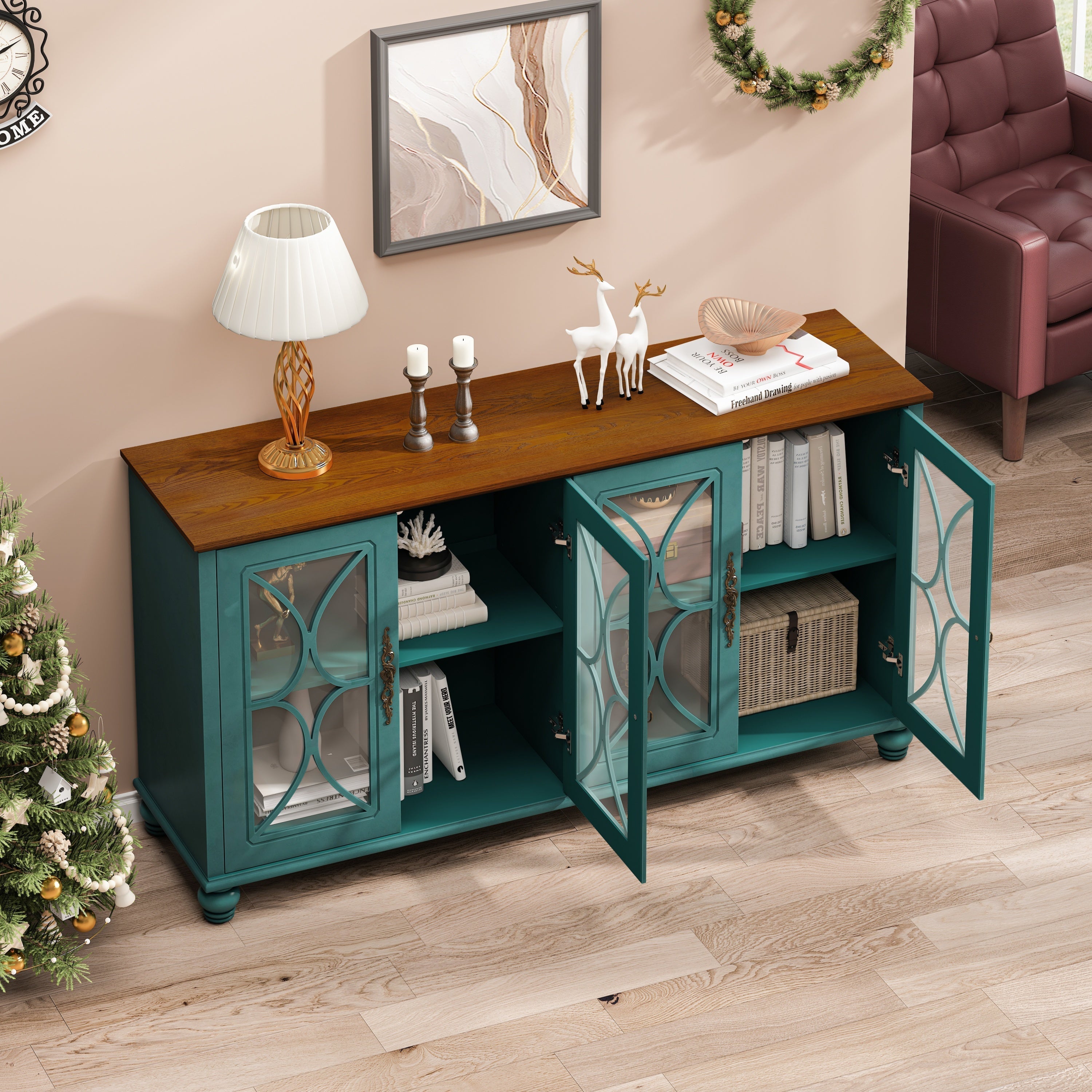 Elegant European Antique Style 4-Door Cabinet with Tempered Glass Doors, Dark Green MDF with Wood Veneer and Solid Wood Legs, 59.45L x 15.75W x 31.89H inches