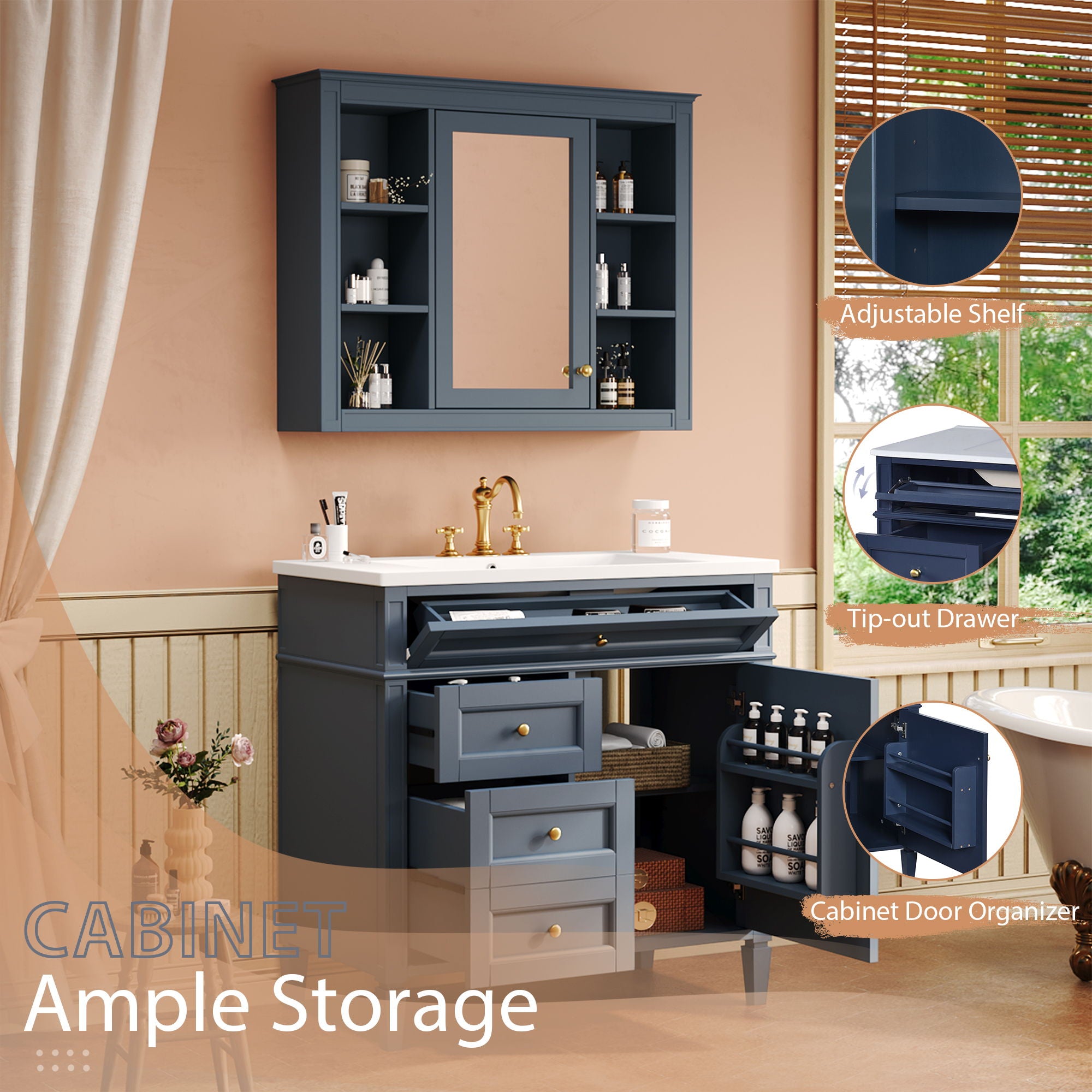 Bathroom Vanity With Mirror Cabinet, Single Sink With 2 Soft Closing Doors And 4 Drawers