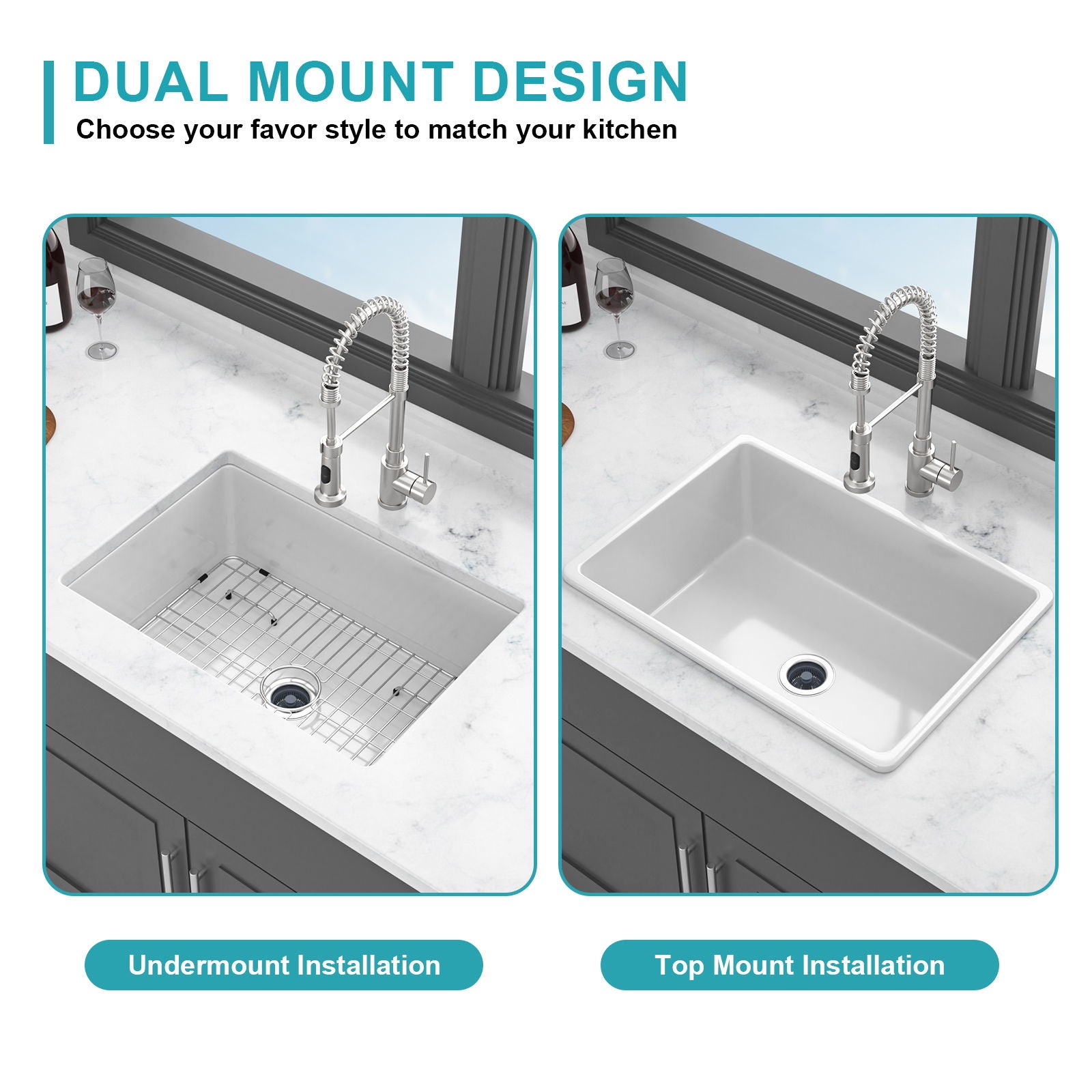 Rectangular Deep Single Bowl, Kitchen Sink With Dual Mount Installation