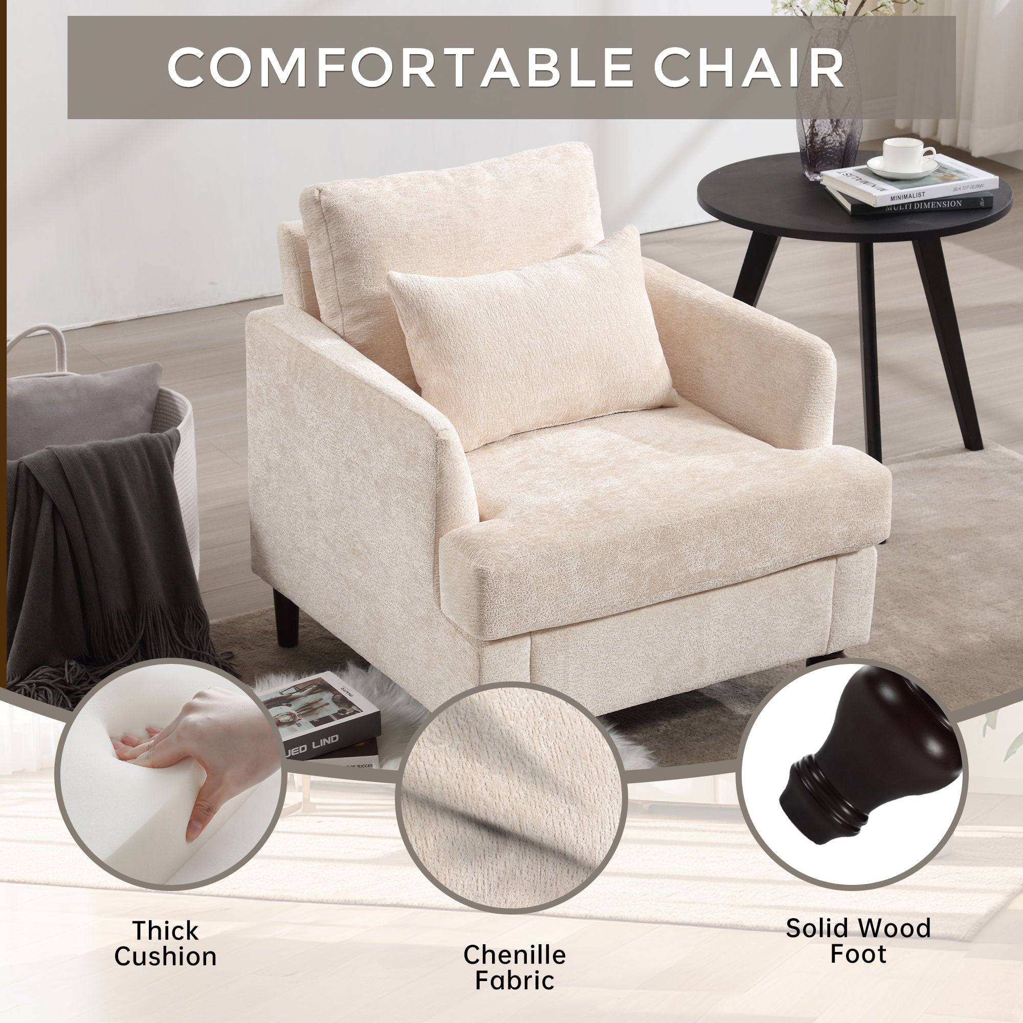 Modern Mid Century Wood Frame Armchair With Tufted Design