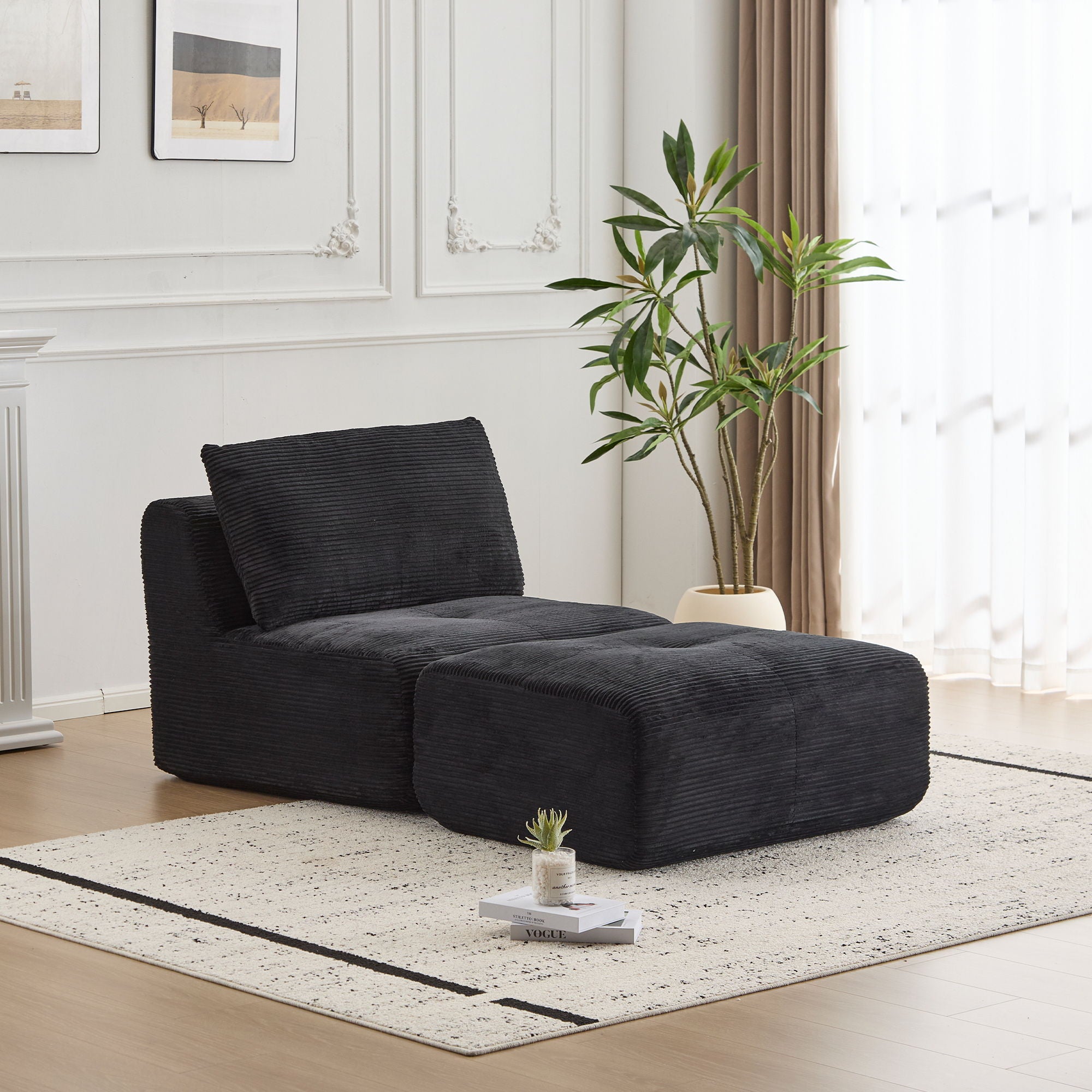 Compressed Sofa, Single Chaise Longue, Movable Ottoman For Living Room - Black