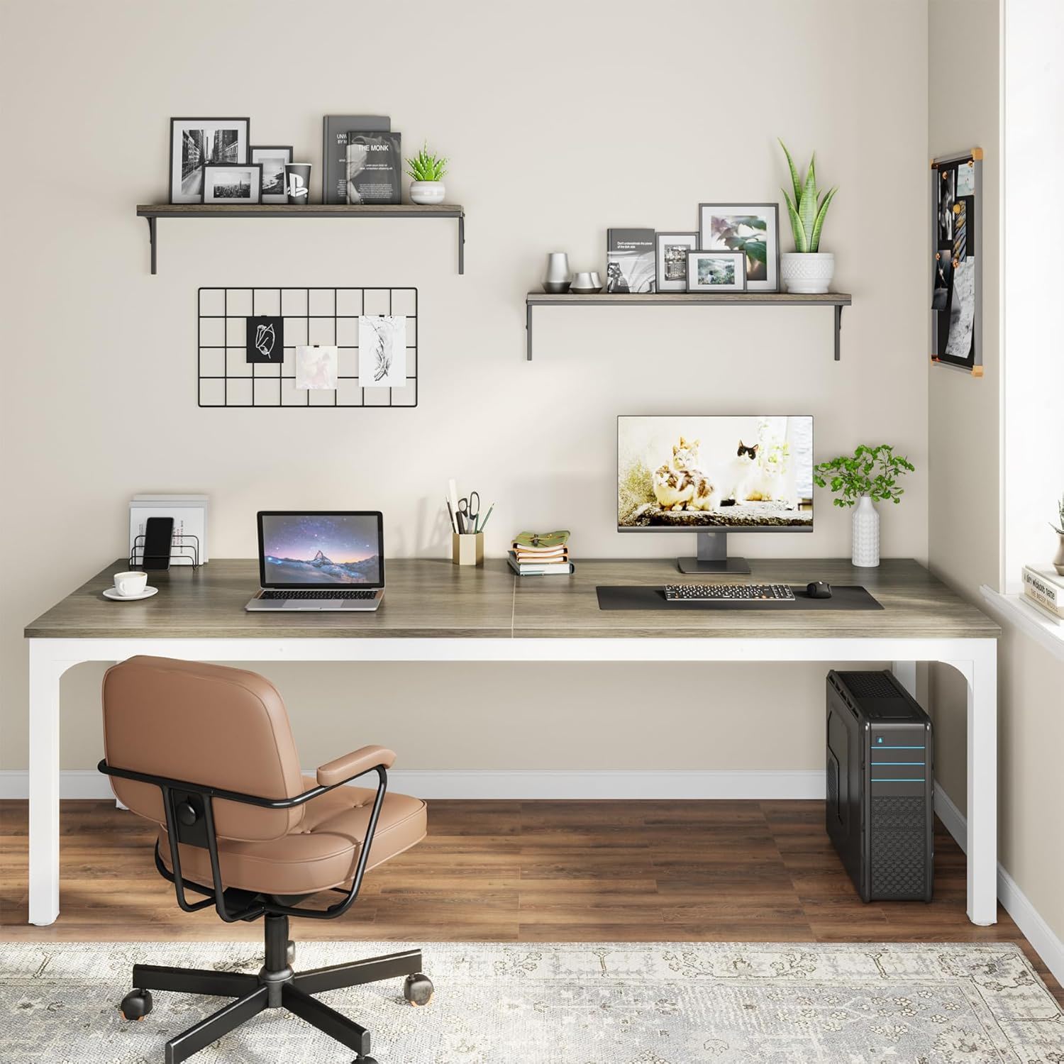 Extra Long 2 Person Computer Desk With, Collaborative Workstation For Home Office - White / Oak