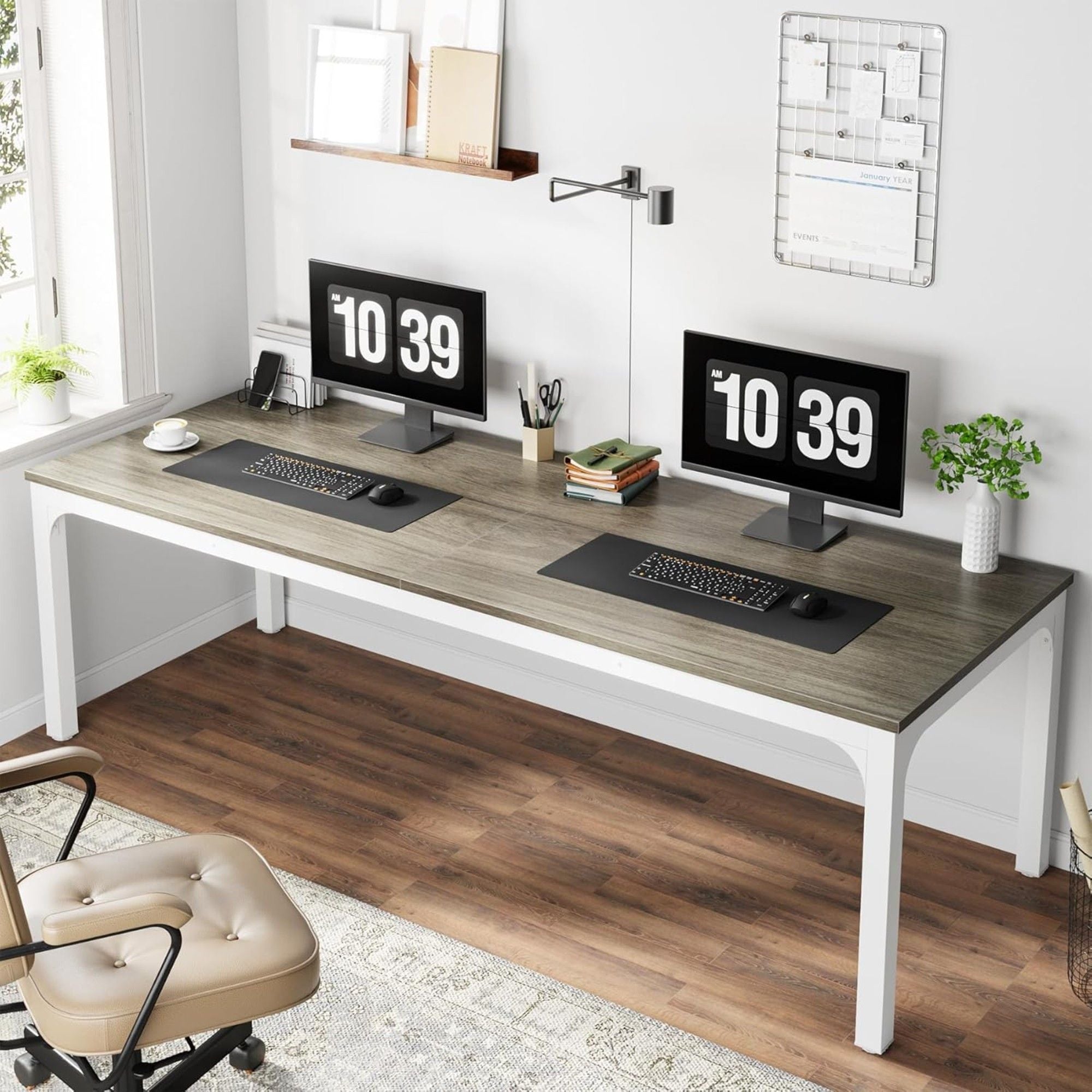 Extra Long 2 Person Computer Desk With, Collaborative Workstation For Home Office - White / Oak