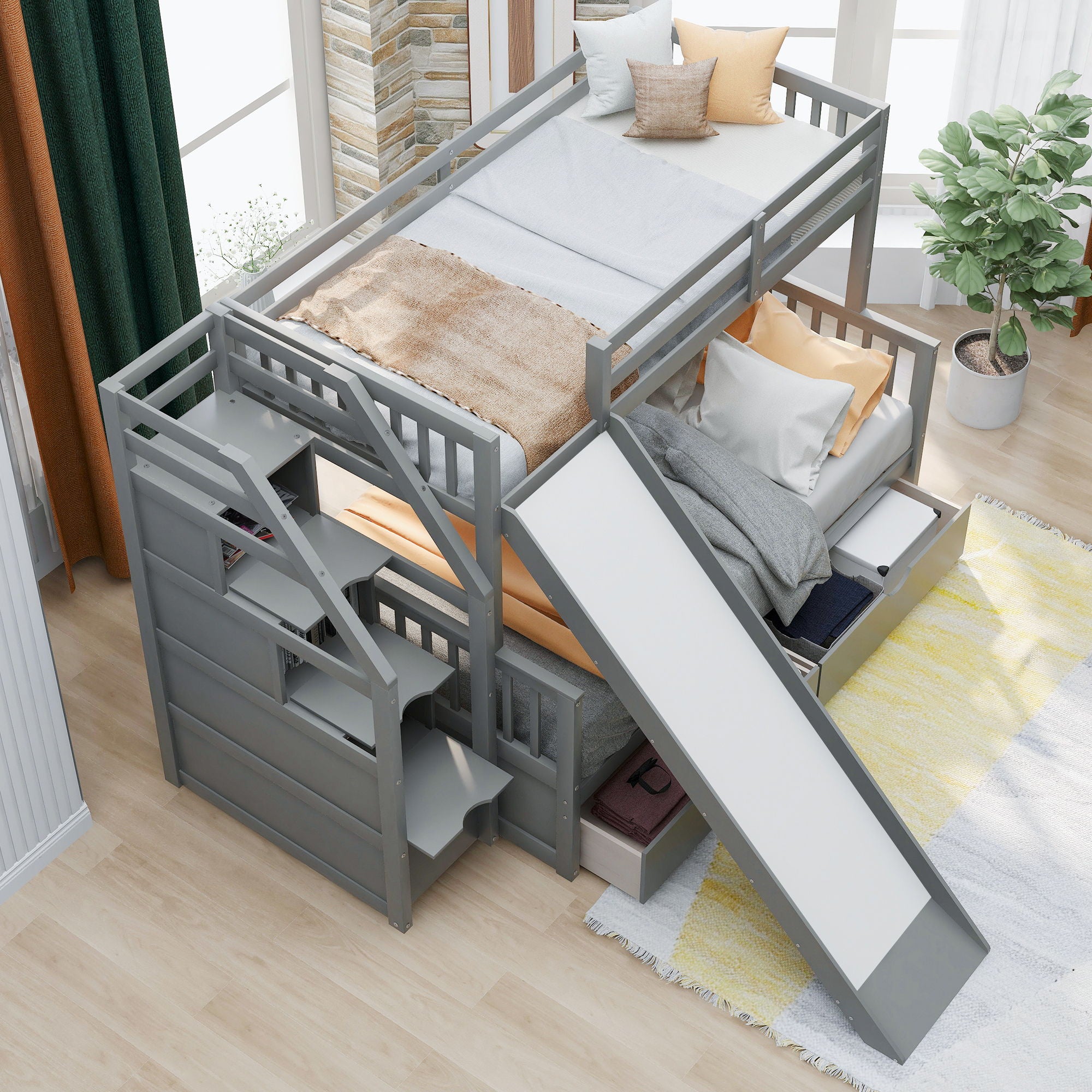Bunk Bed With Storage Staircase, Slide, Desk, Drawers, And Shelves