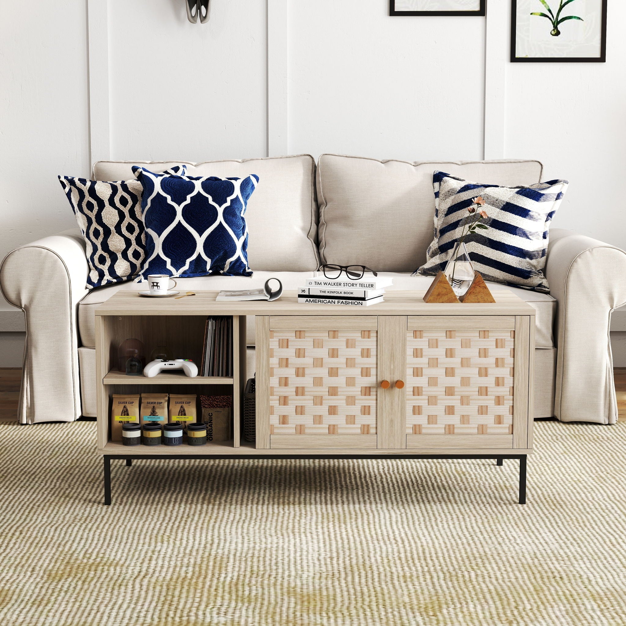 Elegant Veener Weaving Design Coffee Table With 4 Sliding Doors - Natural Wood
