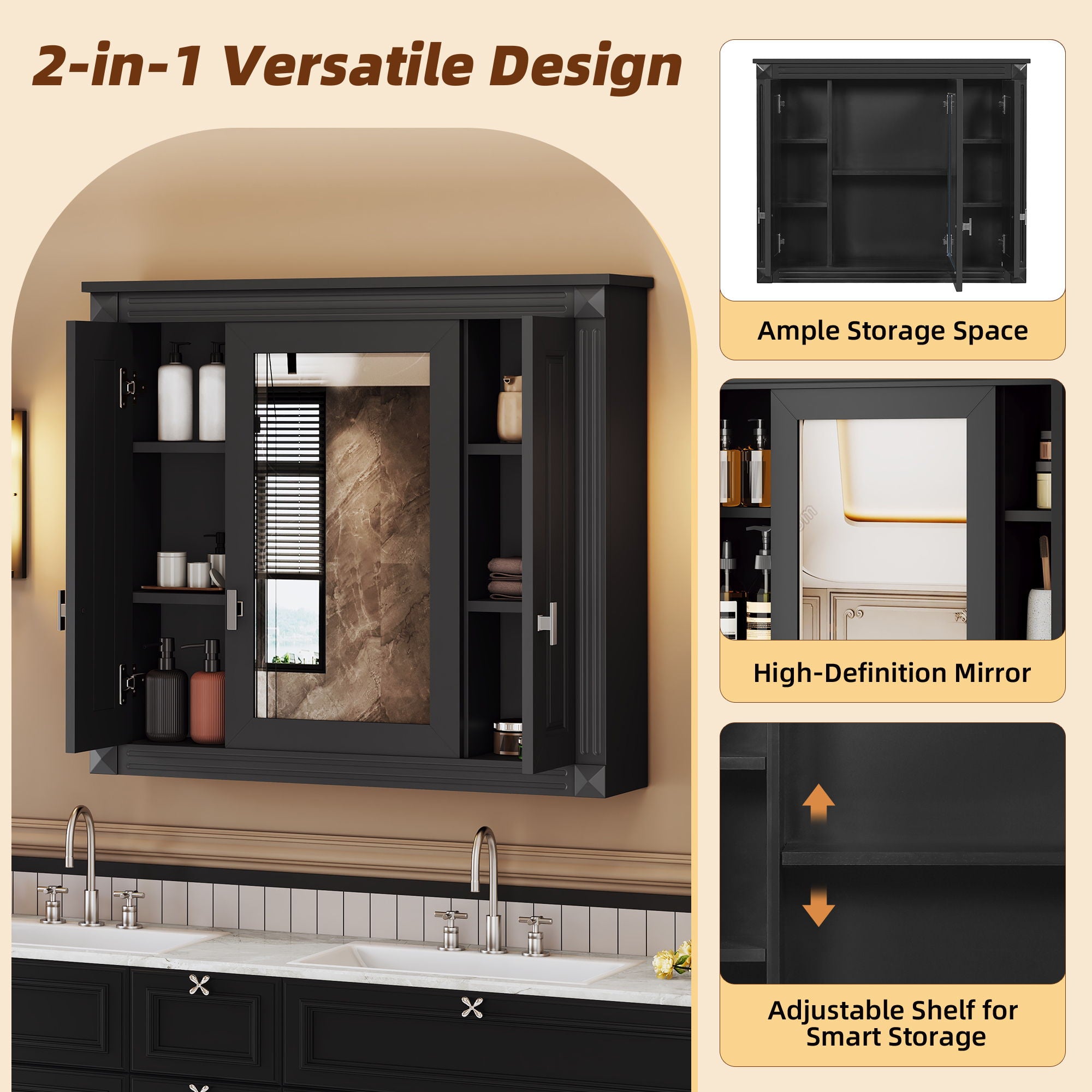 Wall Mounted Bathroom Storage Cabinet With Mirror, 6 Open Shelves