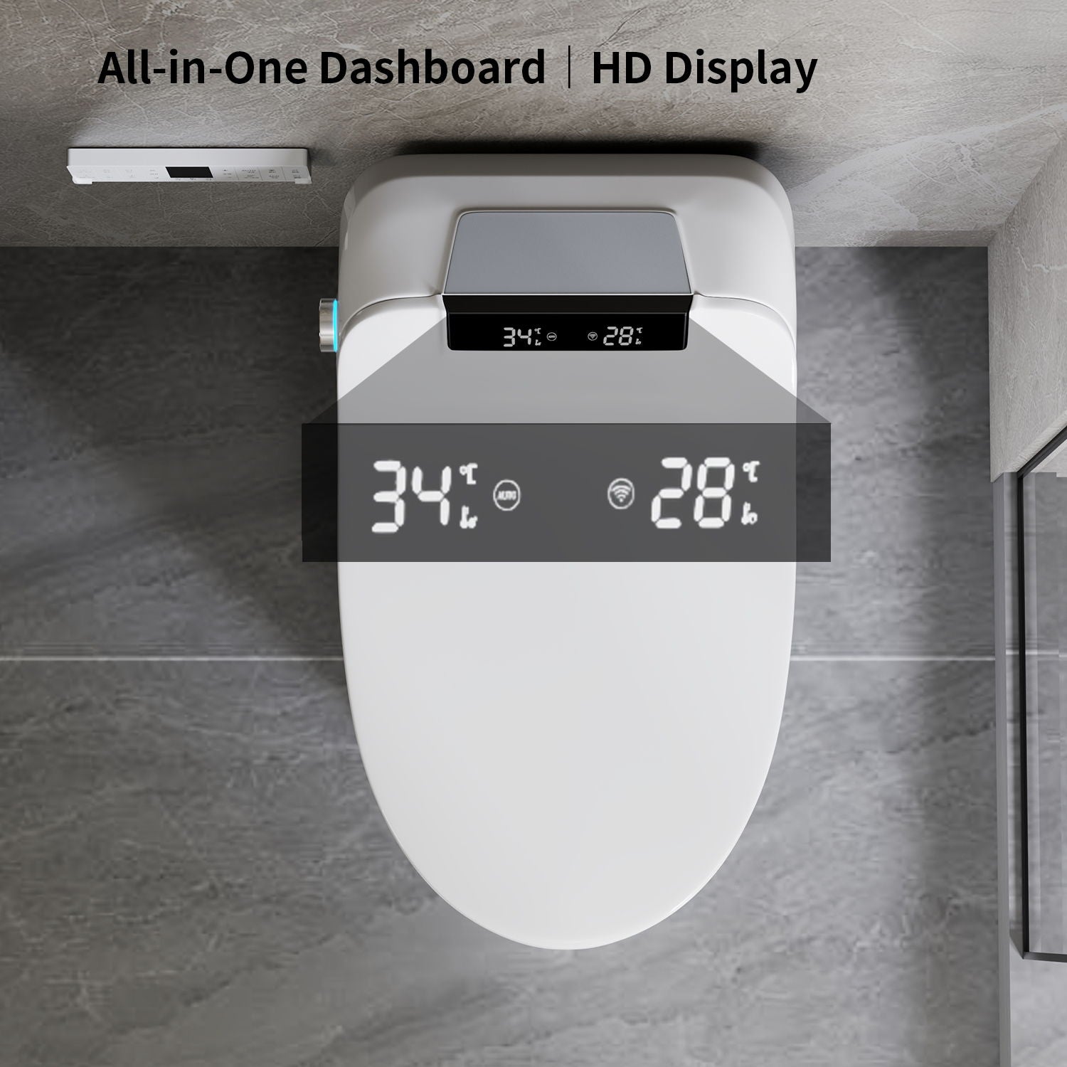 Smart Toilet Bidet Combo With Foot Sensor Open Cover / Seat, Self Cleaning Nozzle, LED Display, Three Level Heated Seat / Airflow, Night Light, Knob Control, Soft Close, Auto Flush, With Remote Control - Gloss White