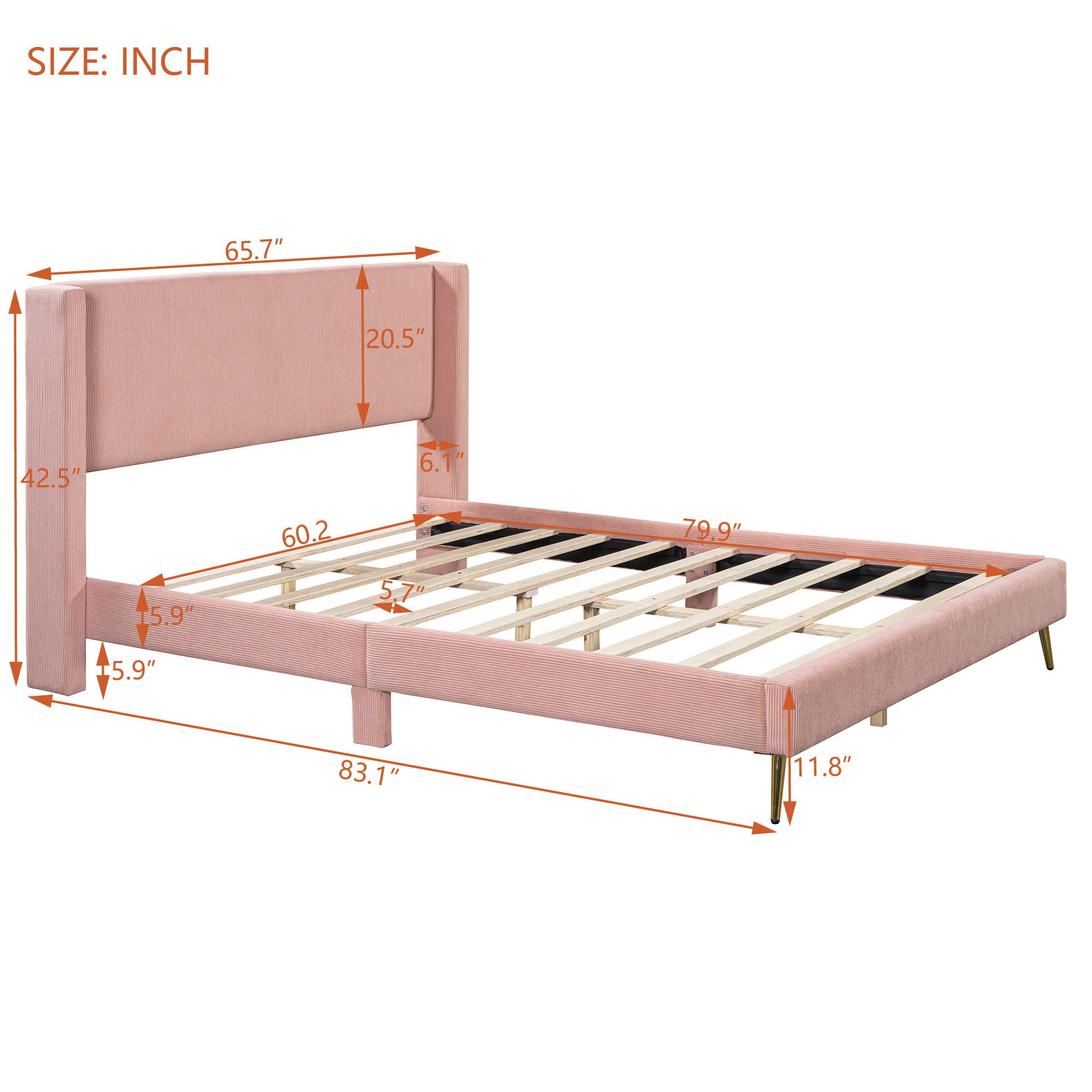 Platform Contemporary Bed With Legs And Upholstered Headboard