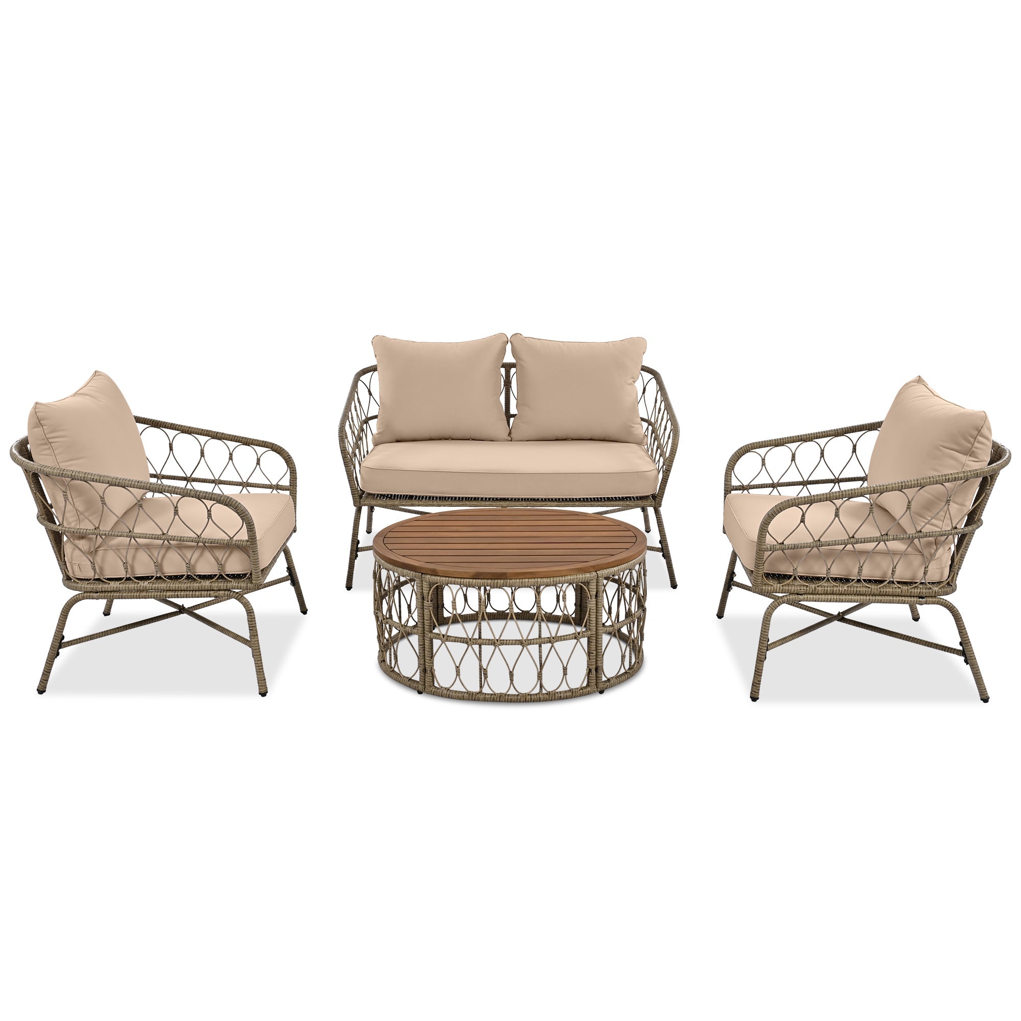 4 Piece Bohemian Wicker Chat Set With Acacia Wood Table