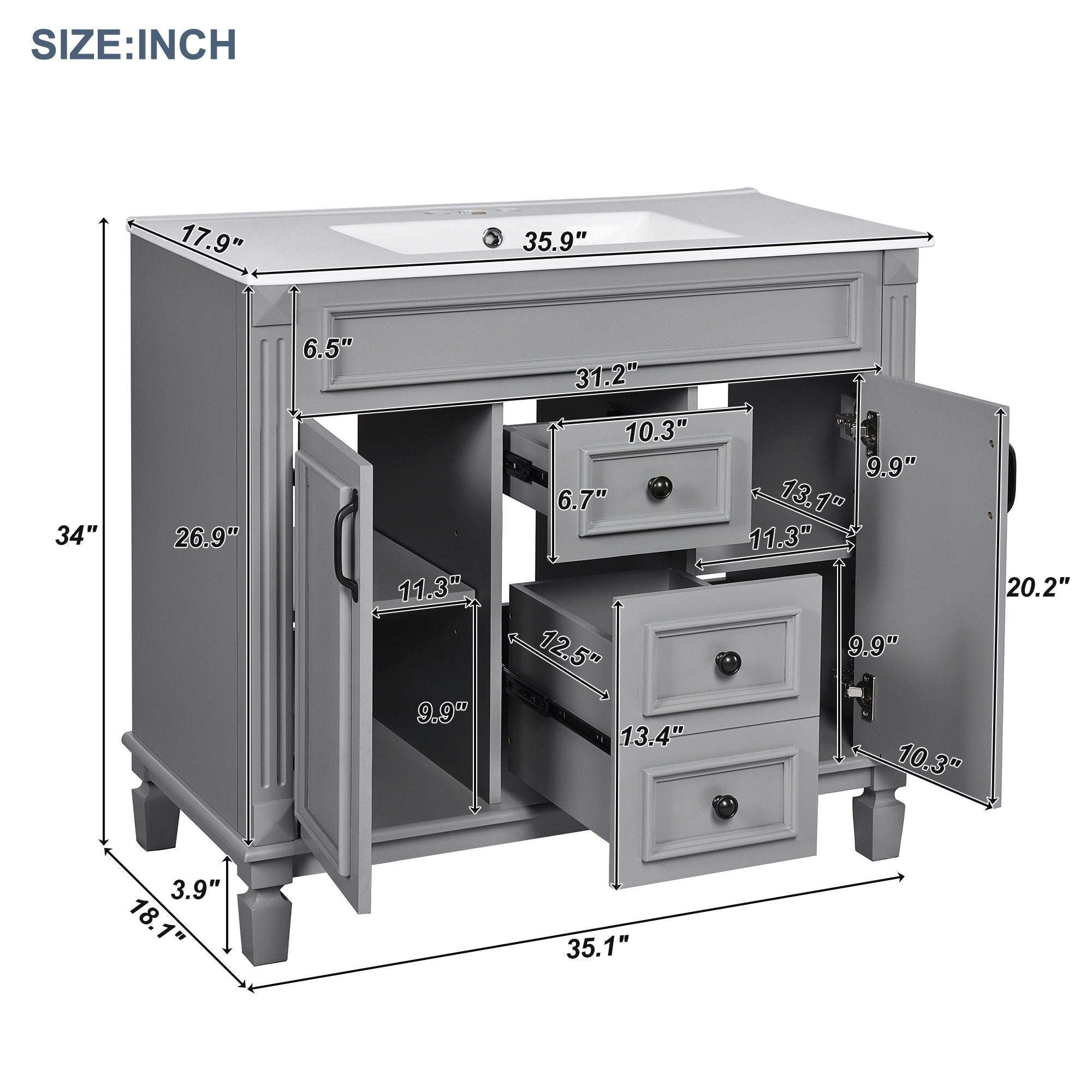 Bathroom Vanity With Top Sink, Basin On Cabinet With 2 Soft Closing Doors And 2 Drawers